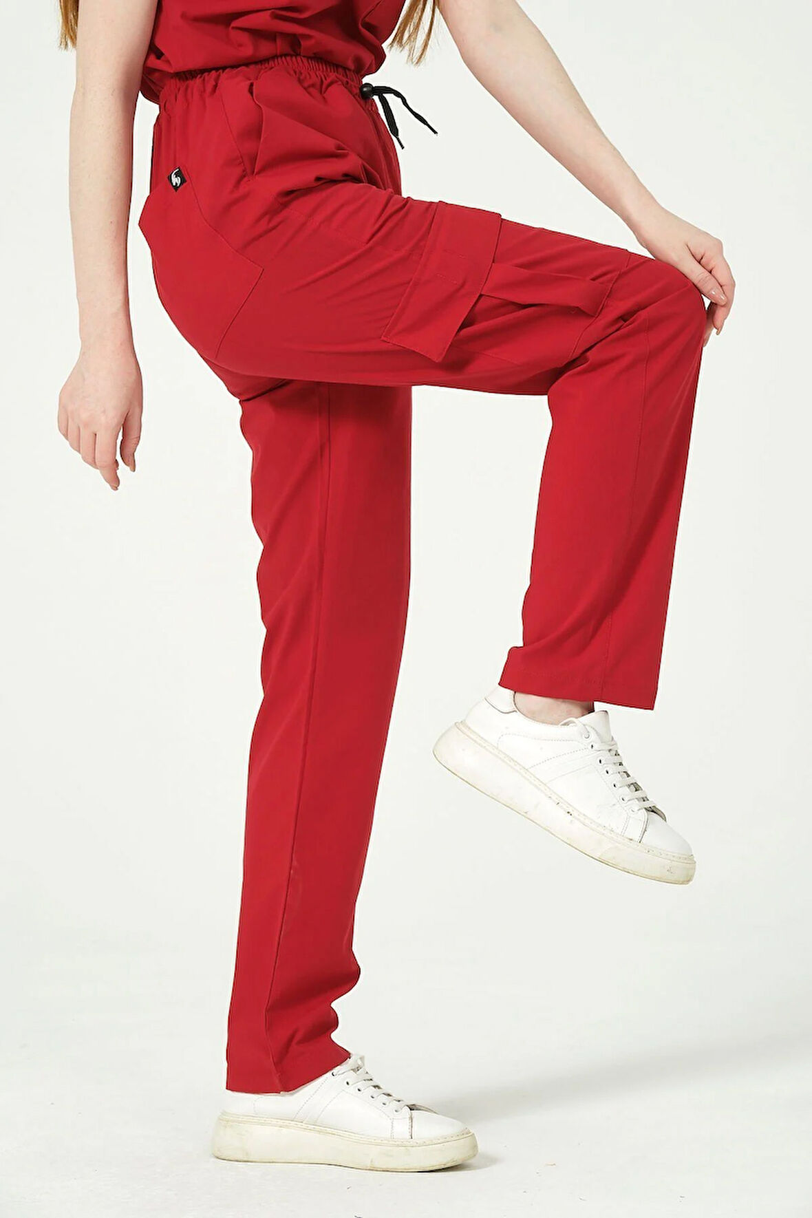 Kırmızı Likralı Kargo Cep Doktor Hemşire Forması Tek Alt Unisex