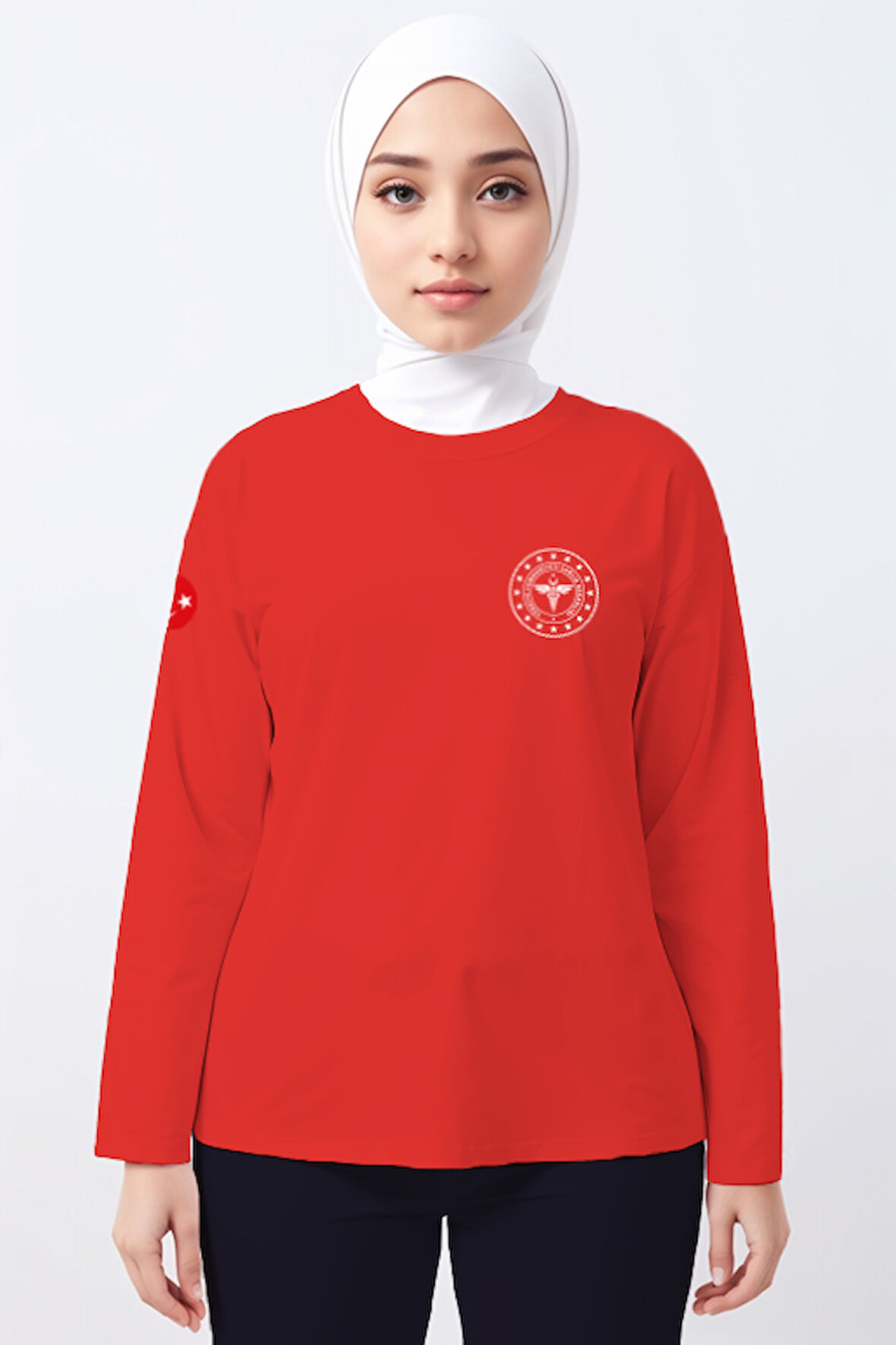 Kırmızı 112 Acil Sağlık Bisiklet Yaka Uzun Kollu Tişört Unisex