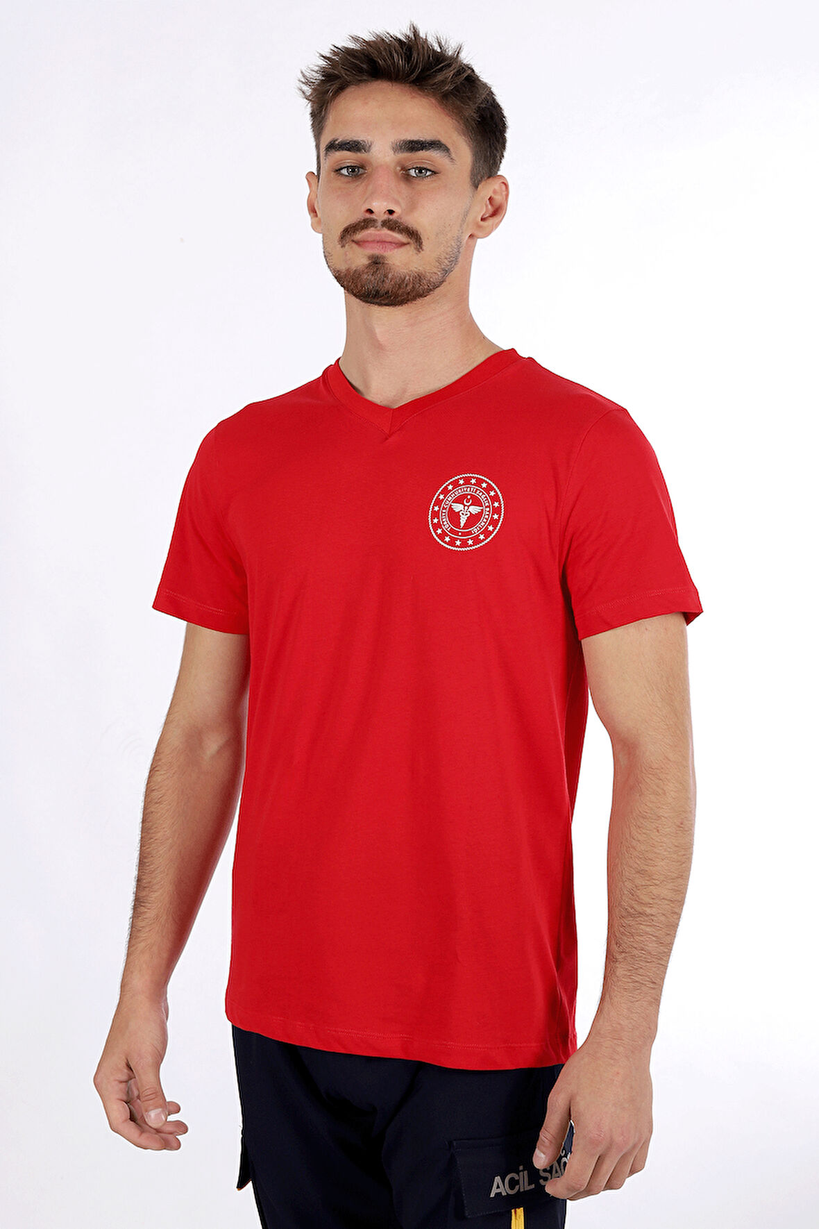 Kırmızı 112 Acil Sağlık V Yaka Tişört Unisex