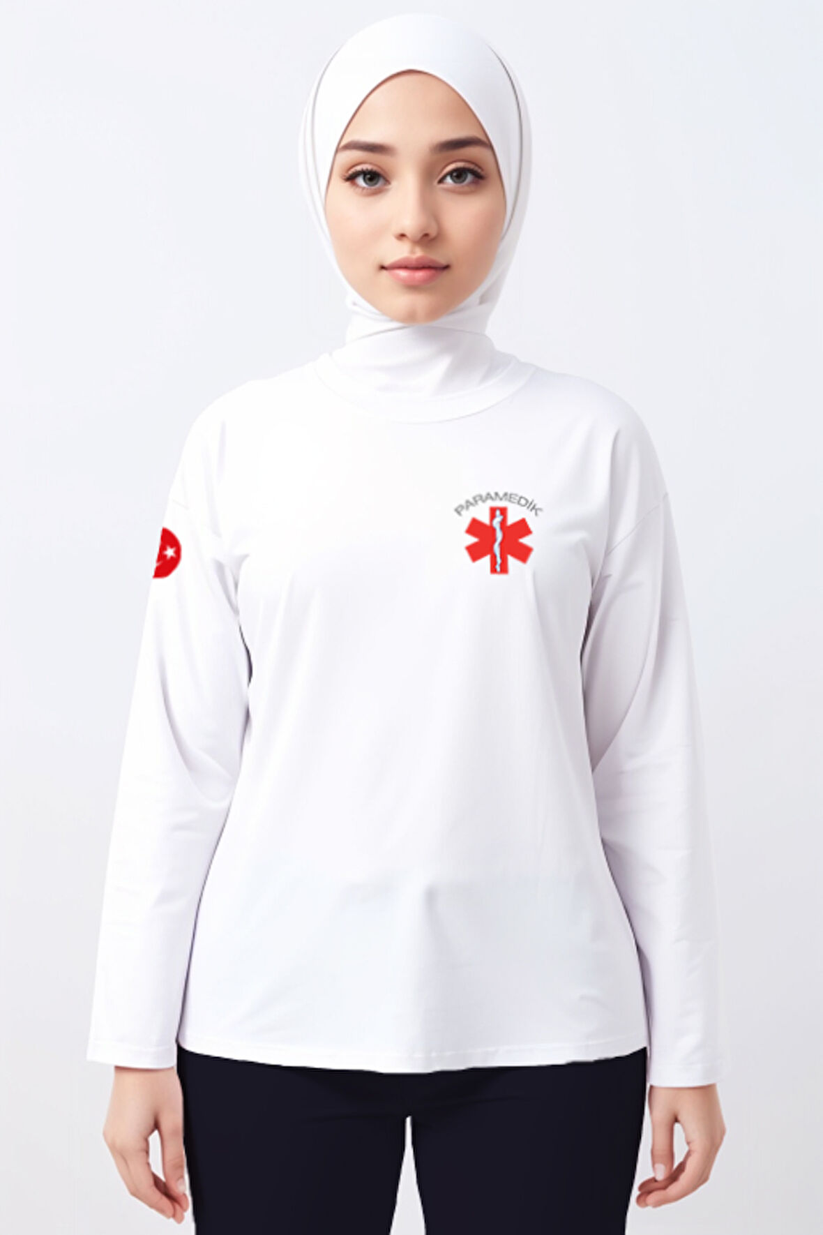 Beyaz Paramedik Bisiklet Yaka Uzun Kollu Tişört Unisex