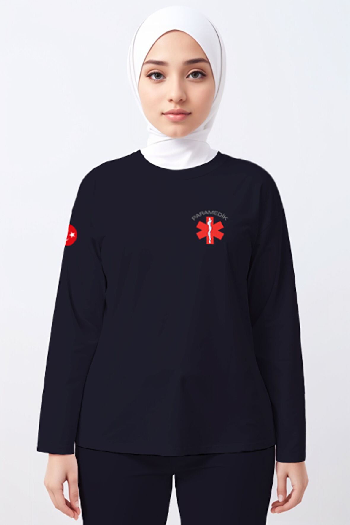 Lacivert Paramedik Bisiklet Yaka Uzun Kollu Tişört Unisex