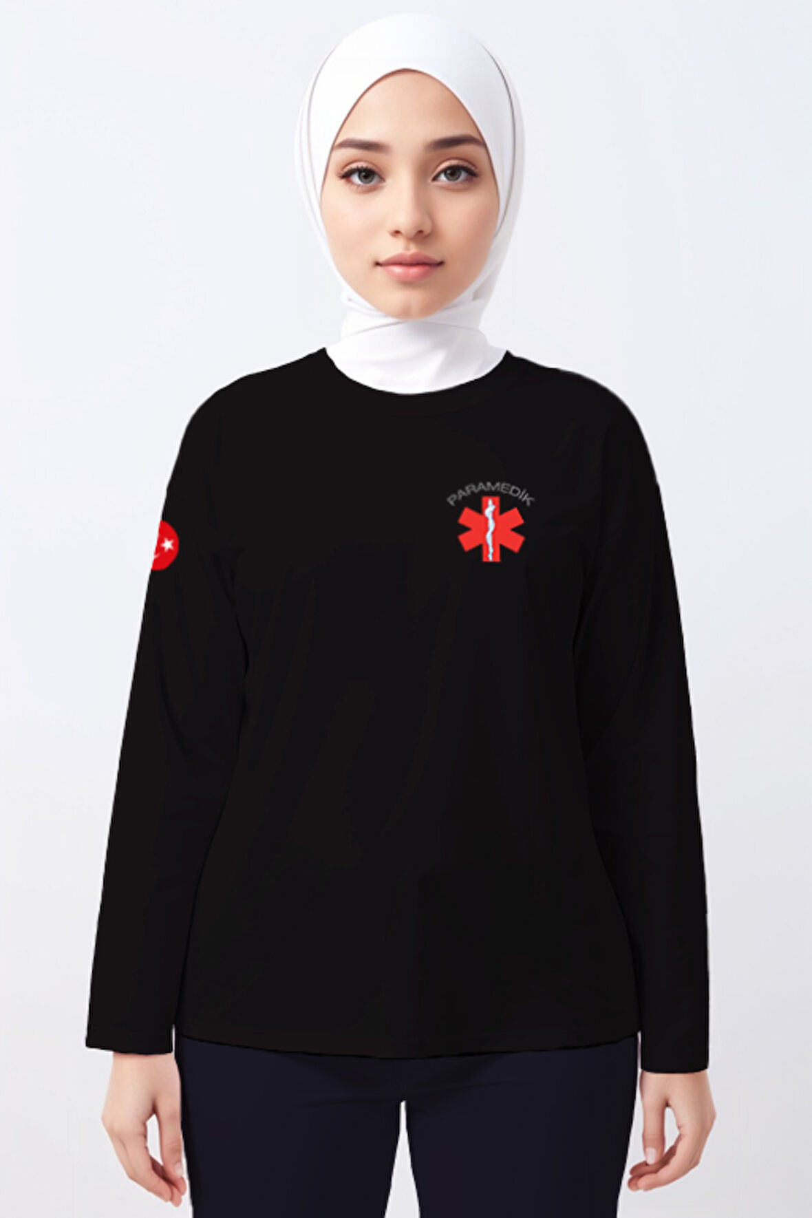 Siyah Paramedik Bisiklet Yaka Uzun Kollu Tişört Unisex