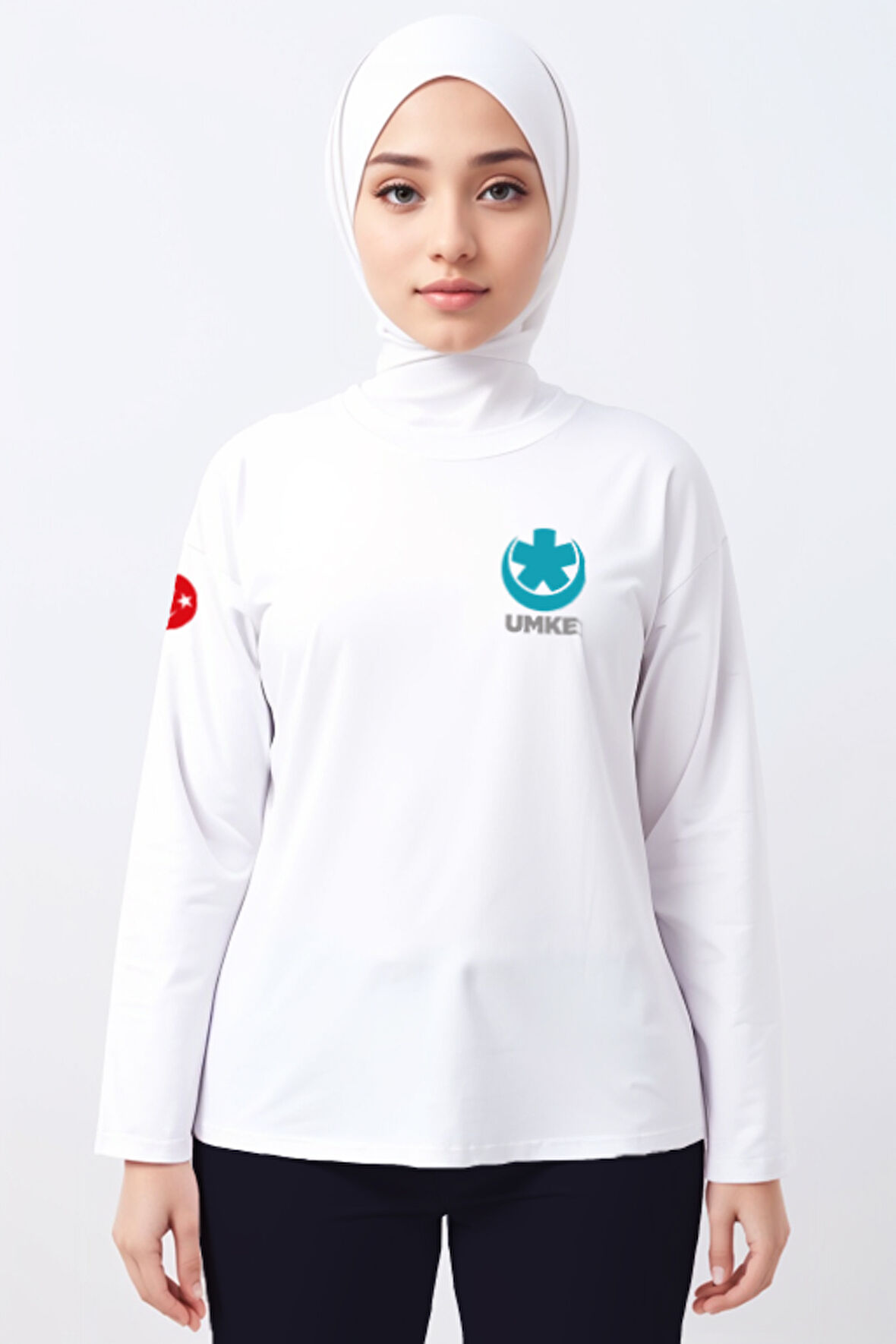 Beyaz UMKE Bisiklet Yaka Uzun Kollu Tişört Unisex