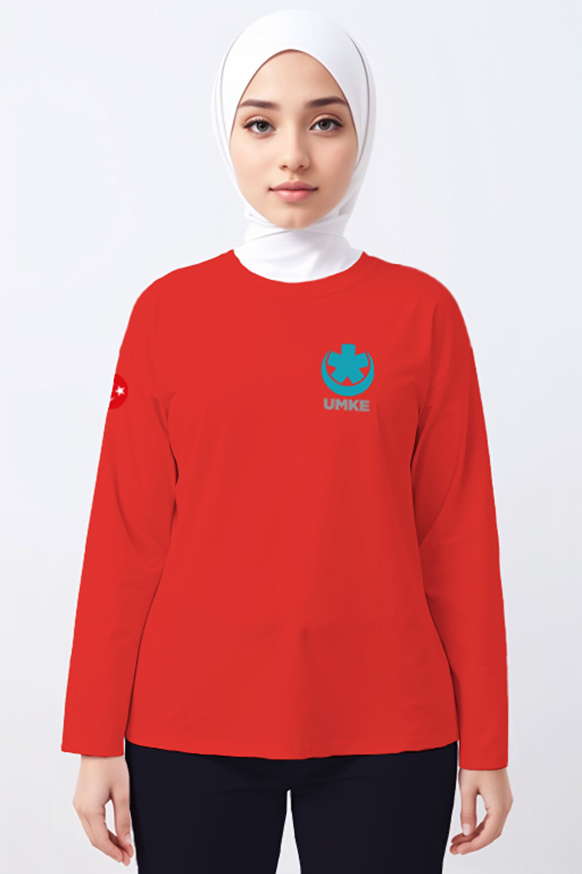 Kırmızı UMKE Bisiklet Yaka Uzun Kollu Tişört Unisex