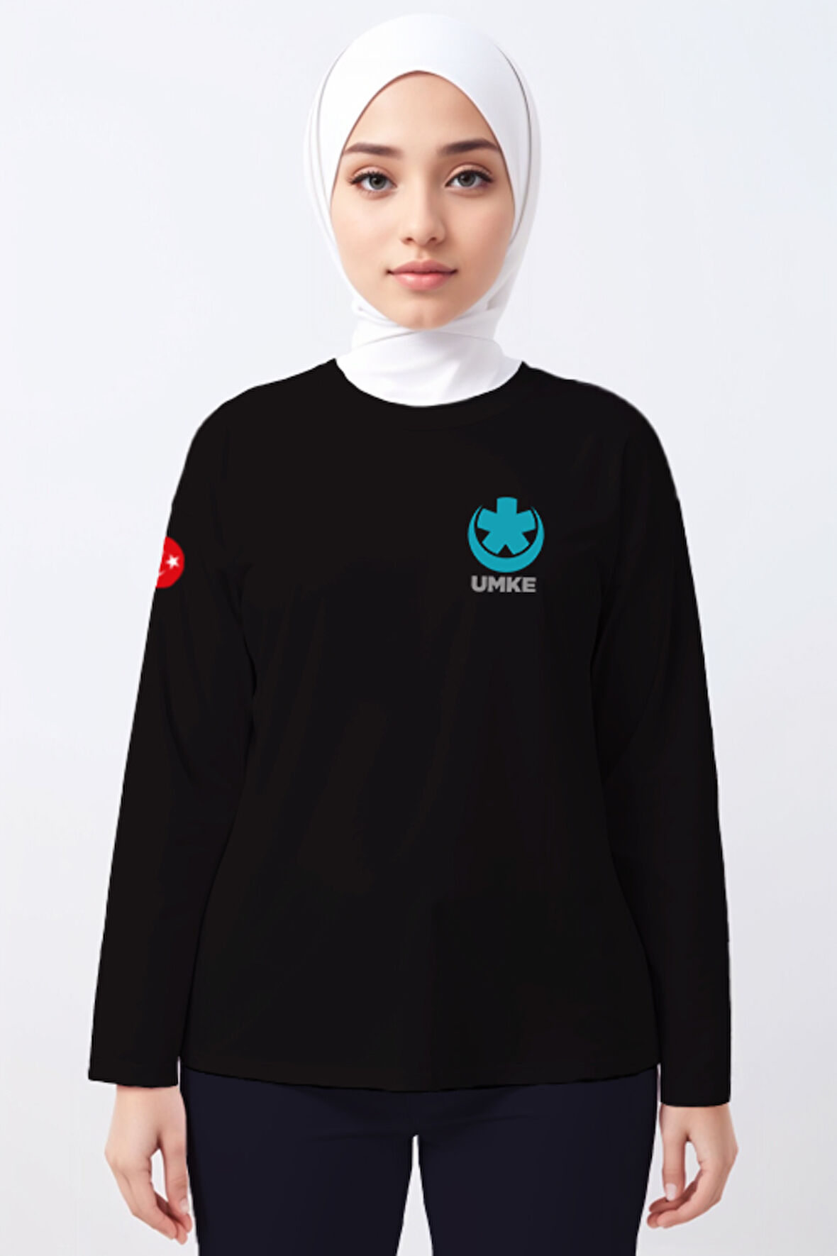 Siyah UMKE Bisiklet Yaka Uzun Kollu Tişört Unisex