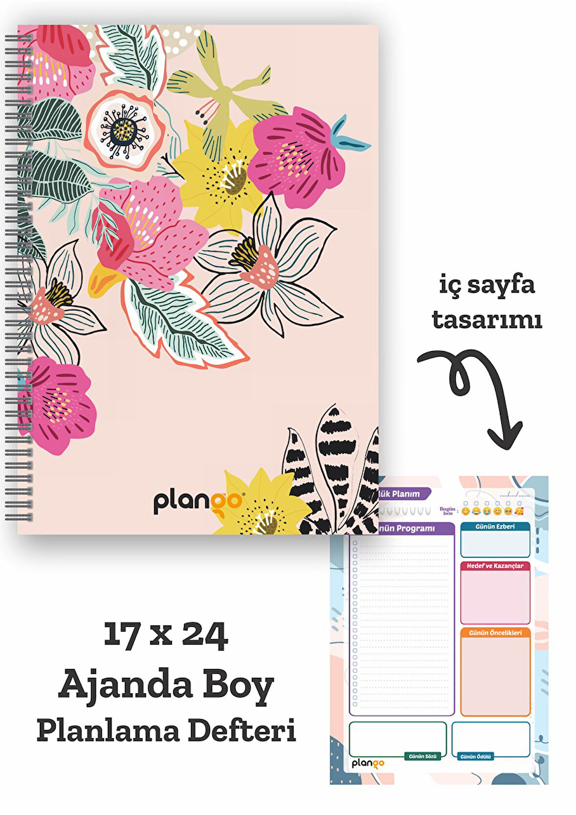 Renkli Çiçekler Spiralli Günlük Planlama Defteri - 100 Sayfa - 17x24 Planlayıcı Defter