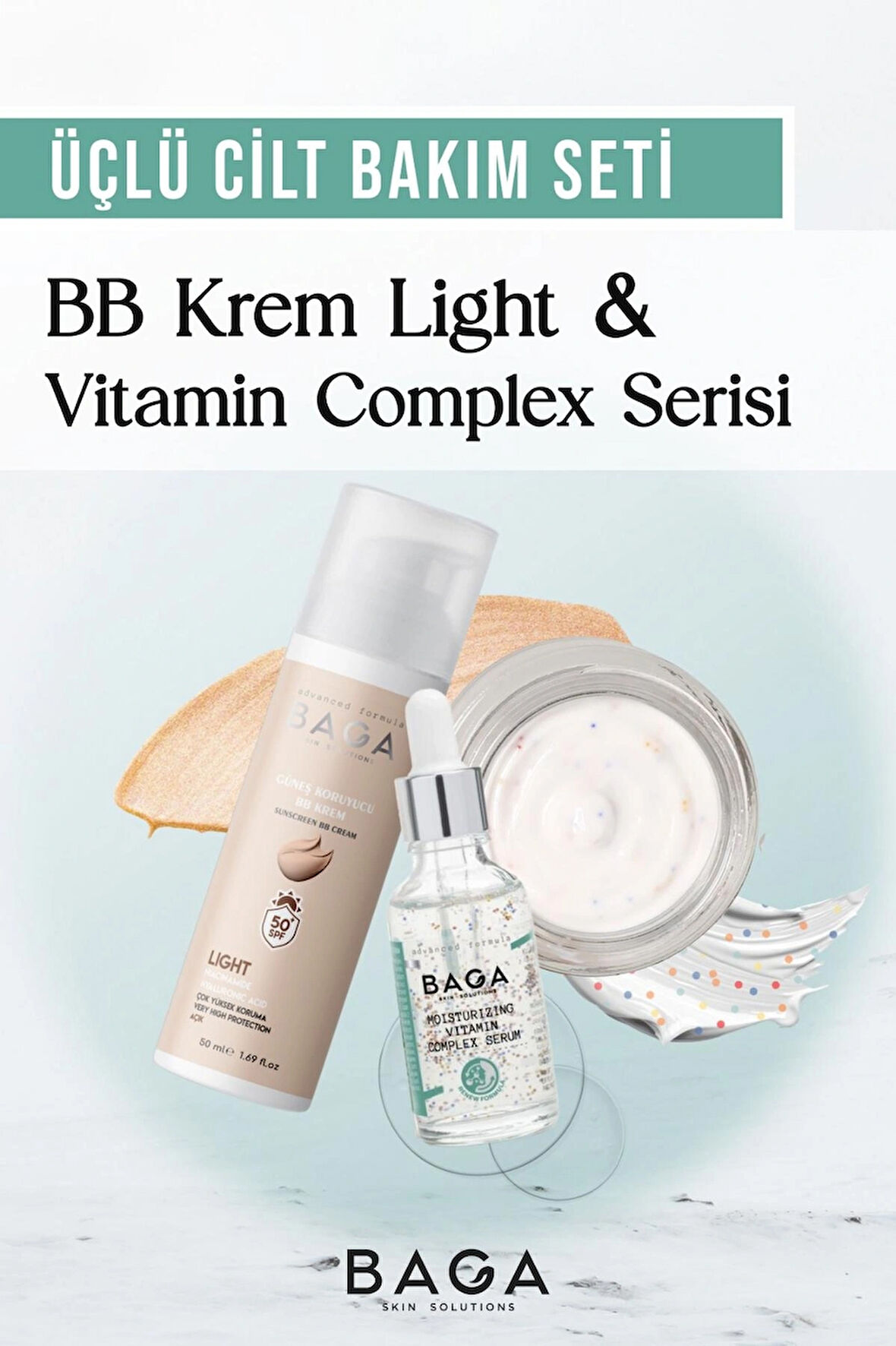 Baga BB Krem Light & Vitamin Kompleks Krem & Vitamin Kompleks Serum Üçlü Cilt Bakım Seti