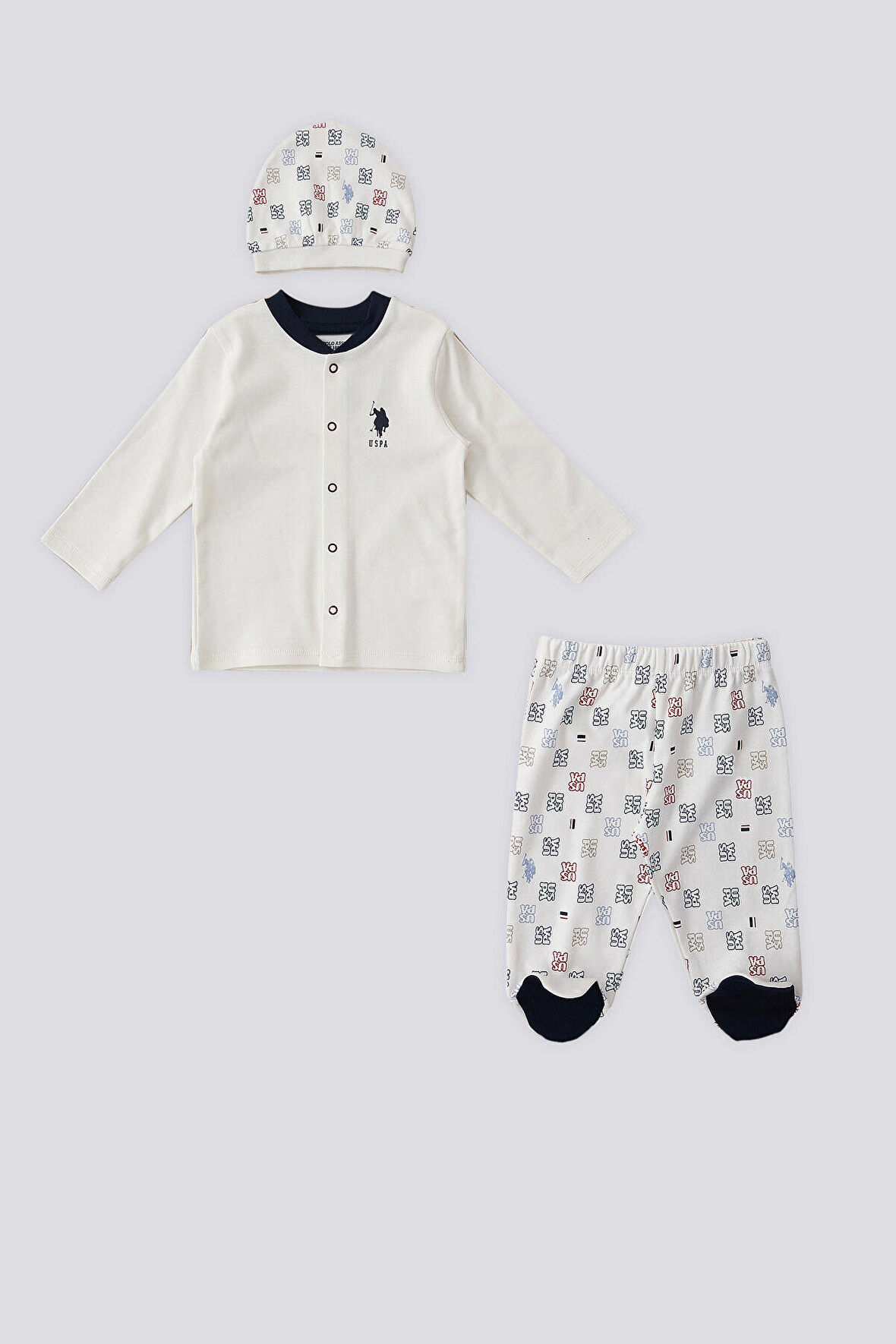 U.S. Polo Assn Krem Çıtçıtlı Uspa Desen Bebek 3Lü Takım