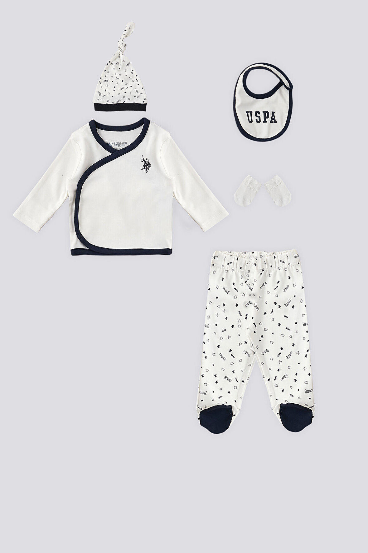 U.S. Polo Assn Krem Yıldız Detay Bebek 5Li Hastane Çıkış Seti