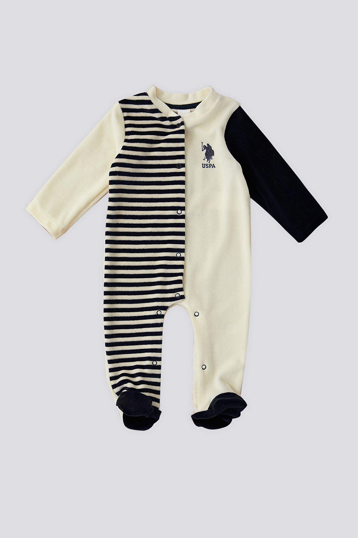 U.S. Polo Assn Ekru Şeritli Çıtçıt Detay  Bebek Tulum
