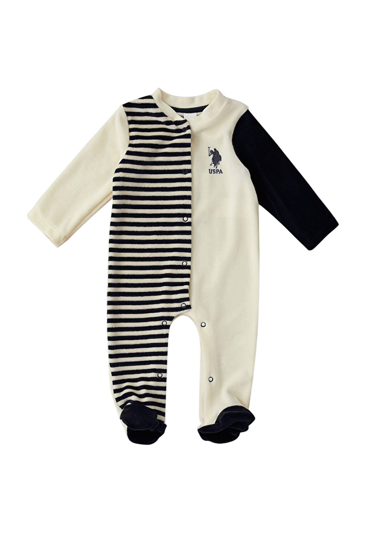 Ekru Şeritli Çıtçıt Detay Bebek Tulum