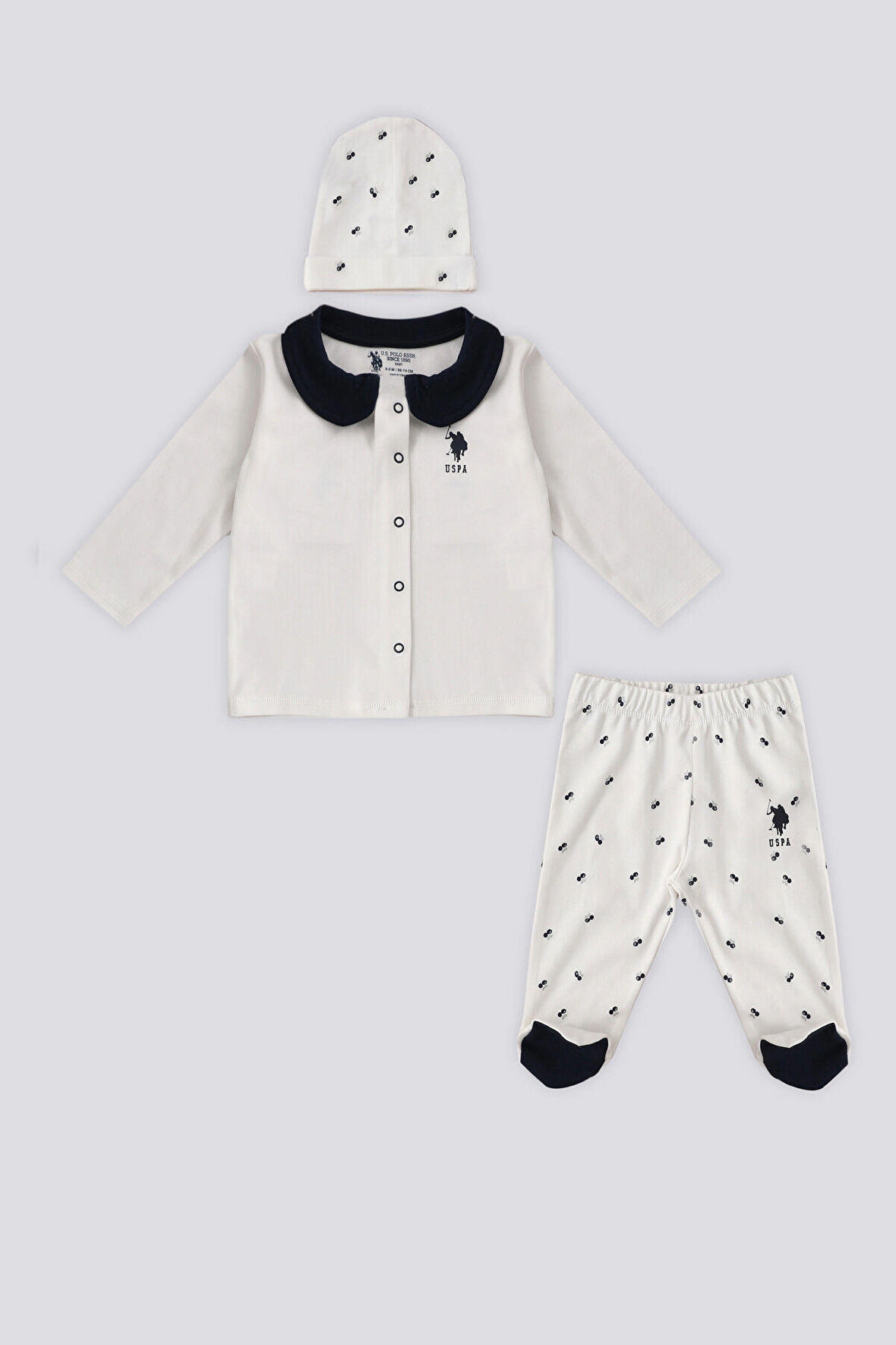 U.S. Polo Assn Krem Çıtçıtlı Gömlek Yaka Patikli Alt  Bebek 3Lü Takım