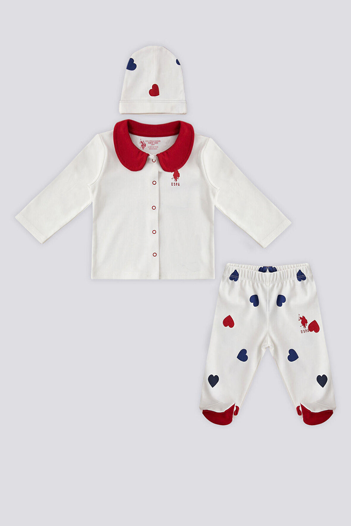 U.S. Polo Assn Ekru Çırçıtlı Kalp Desenli  Bebek 3Lü Takım