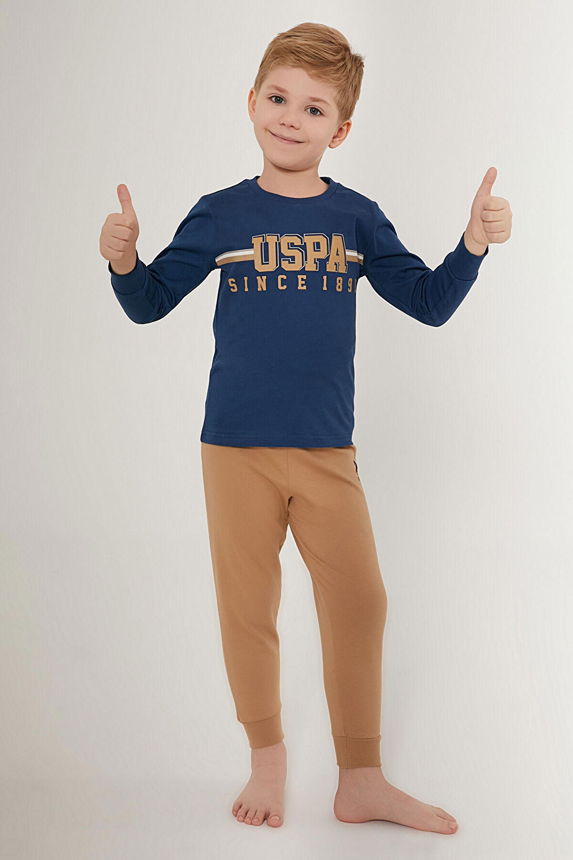 U.S. Polo Assn Thick Line Pattern Koyu Mavi Erkek Çocuk Uzun Kol Pijama Takım