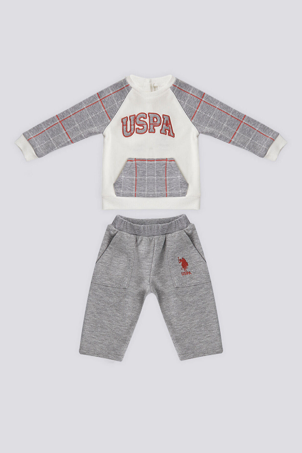 U.S. Polo Assn Krem Kanguru Cep Ekose Detay  Bebek 2Li Takım