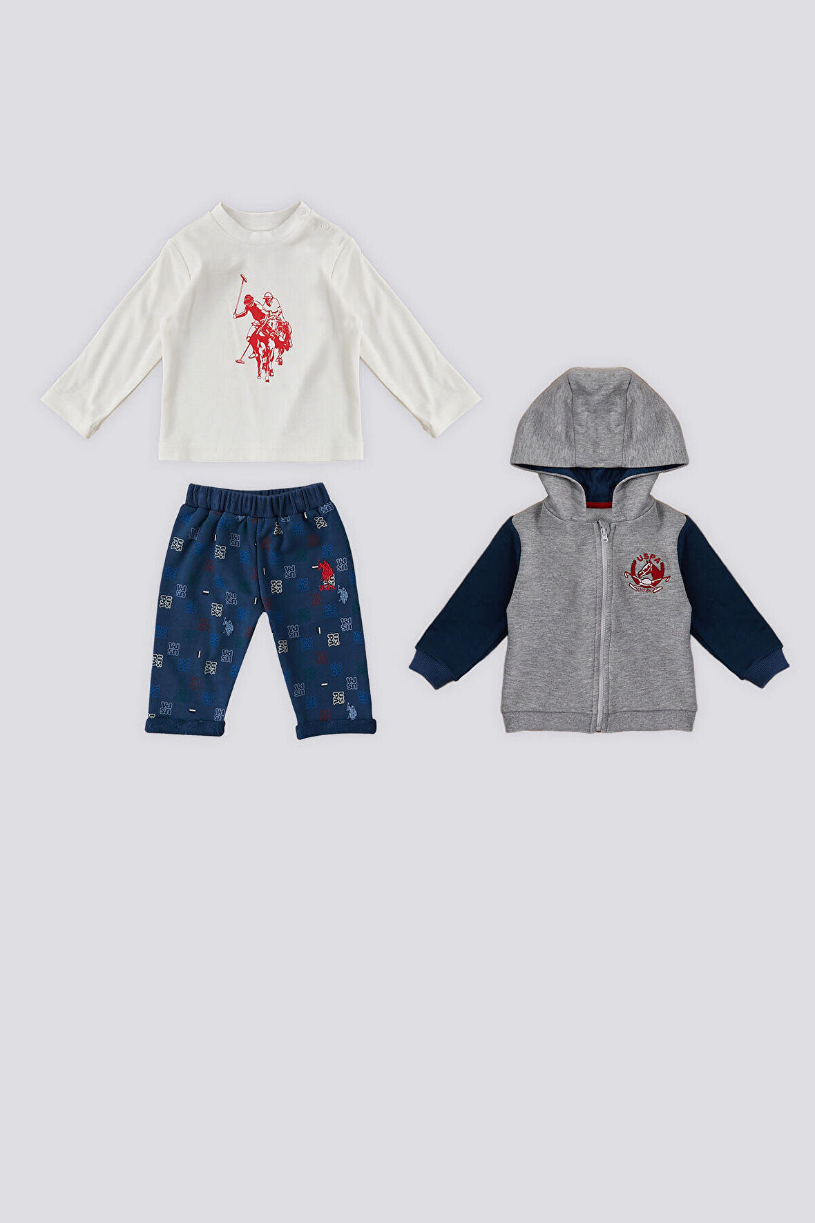 U.S. Polo Assn Gri Melanj Fermuarlı Bebek 3Lü Takım