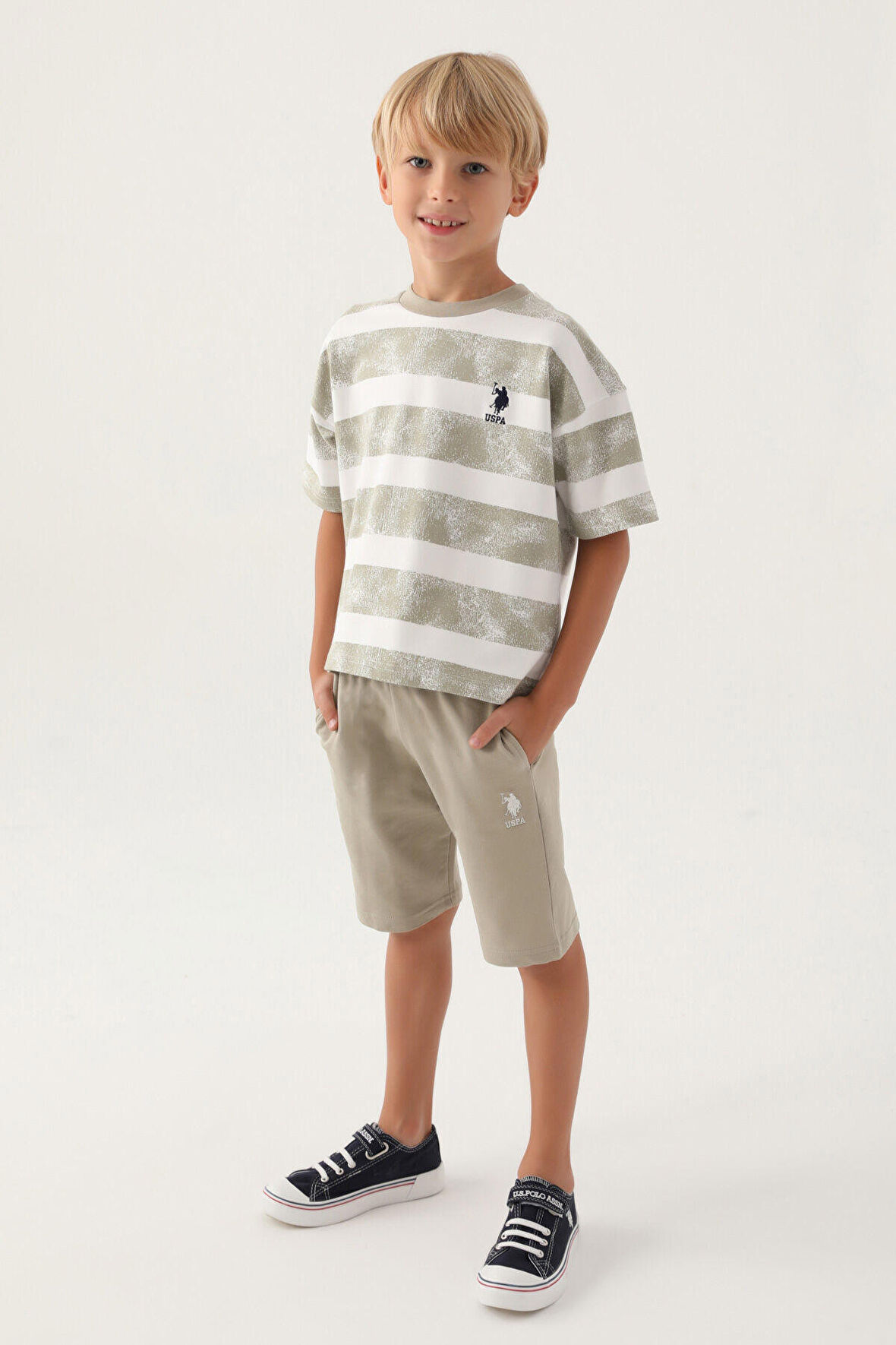 U.S. Polo Assn Lisanslı striped Açık Haki Erkek Çocuk Bermuda Takım