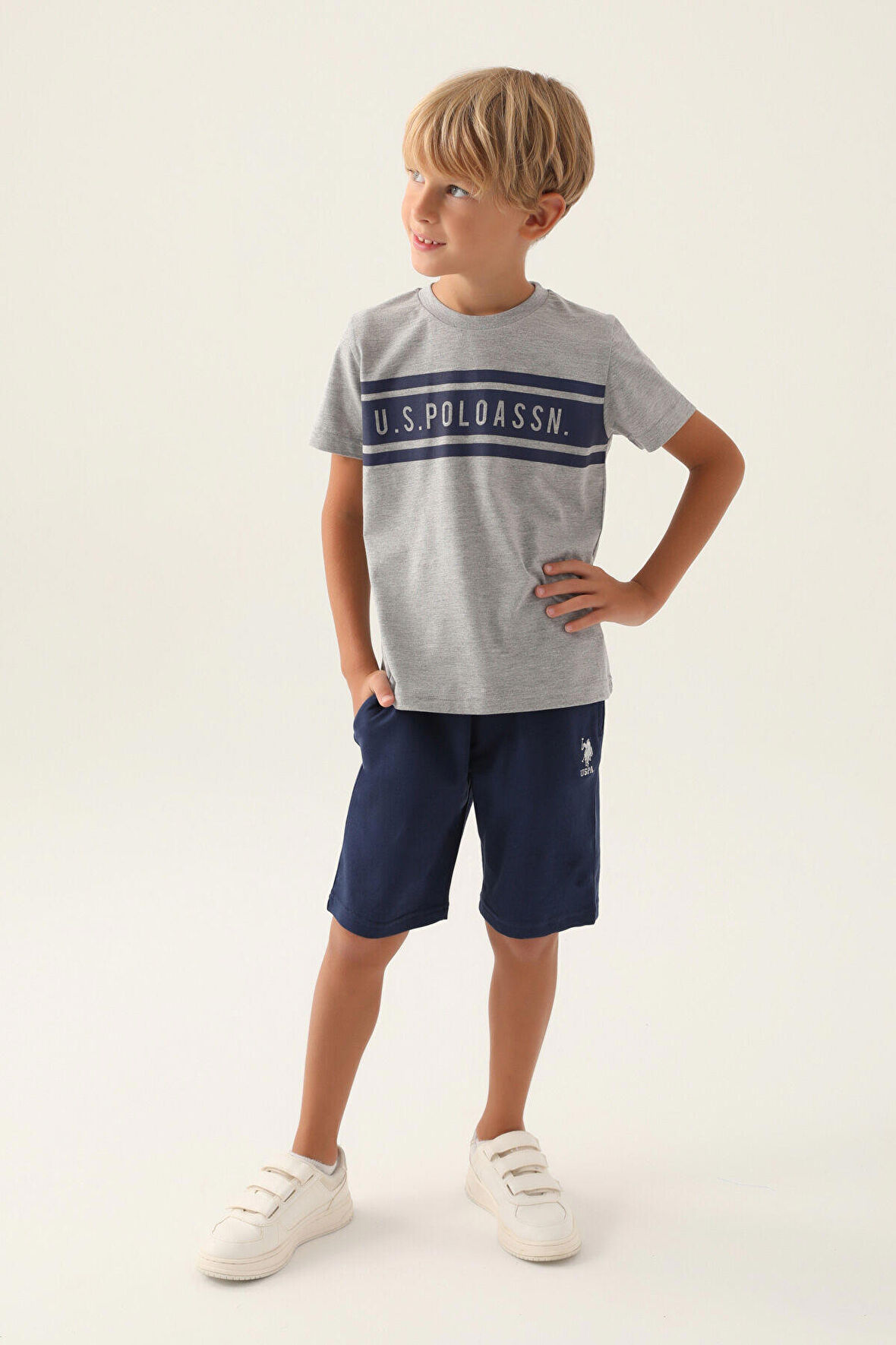 U.S. Polo Assn Lisanslı Rectangular Pattern Gri Melanj Erkek Çocuk Bermuda Takım