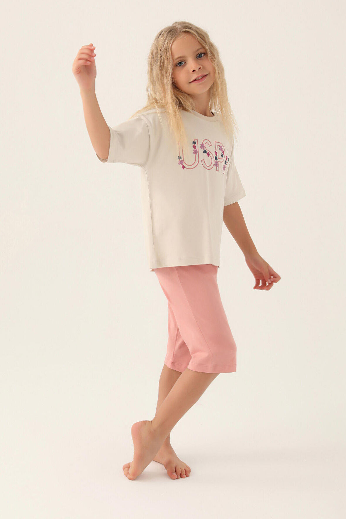 U.S. Polo Assn Lisanslı Flower Printed Bej Kız Çocuk Kapri Takım