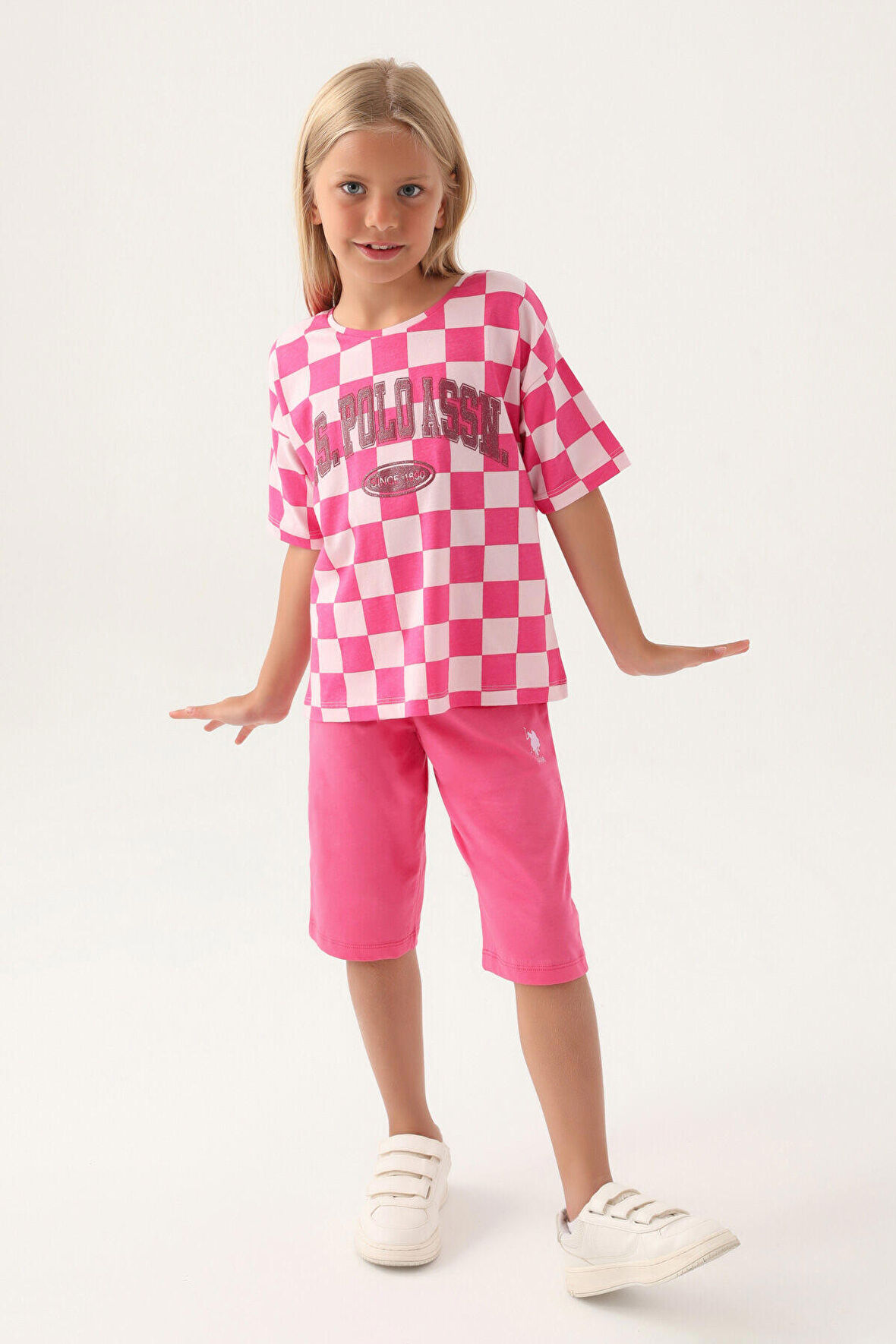 U.S. Polo Assn Lisanslı Plaid Toz Pembe Kız Çocuk Kapri Takım