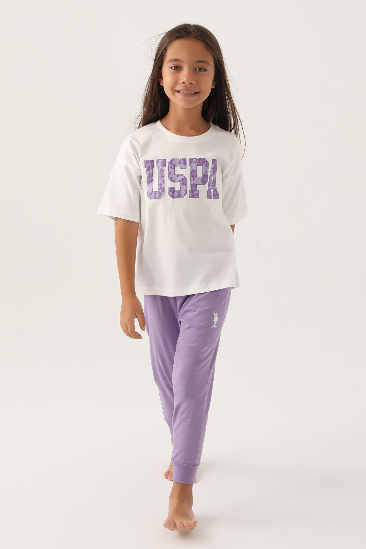 U.S. Polo Assn Lisanslı Floral Text Krem Kız Çocuk Pijama Takımı