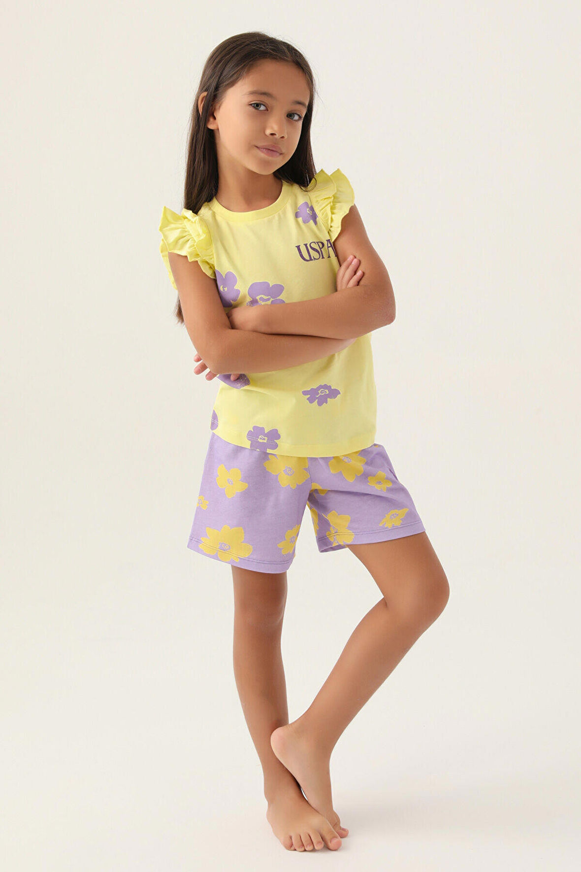 U.S. Polo Assn Lisanslı Frilly Açık Sarı Kız Çocuk Şort Takım
