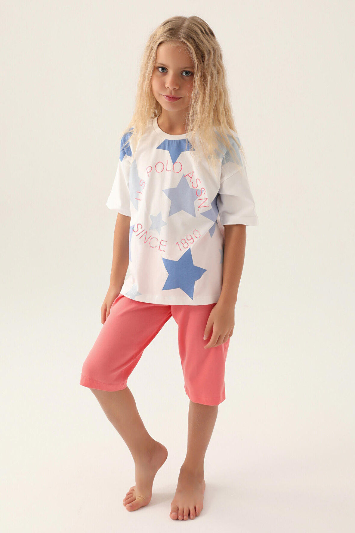 Lisanslı Star Printed Krem Kız Çocuk Kapri Takım
