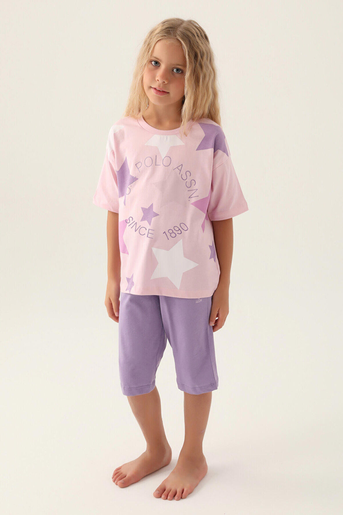 Lisanslı Star Printed Toz Pembe Kız Çocuk Kapri Takım