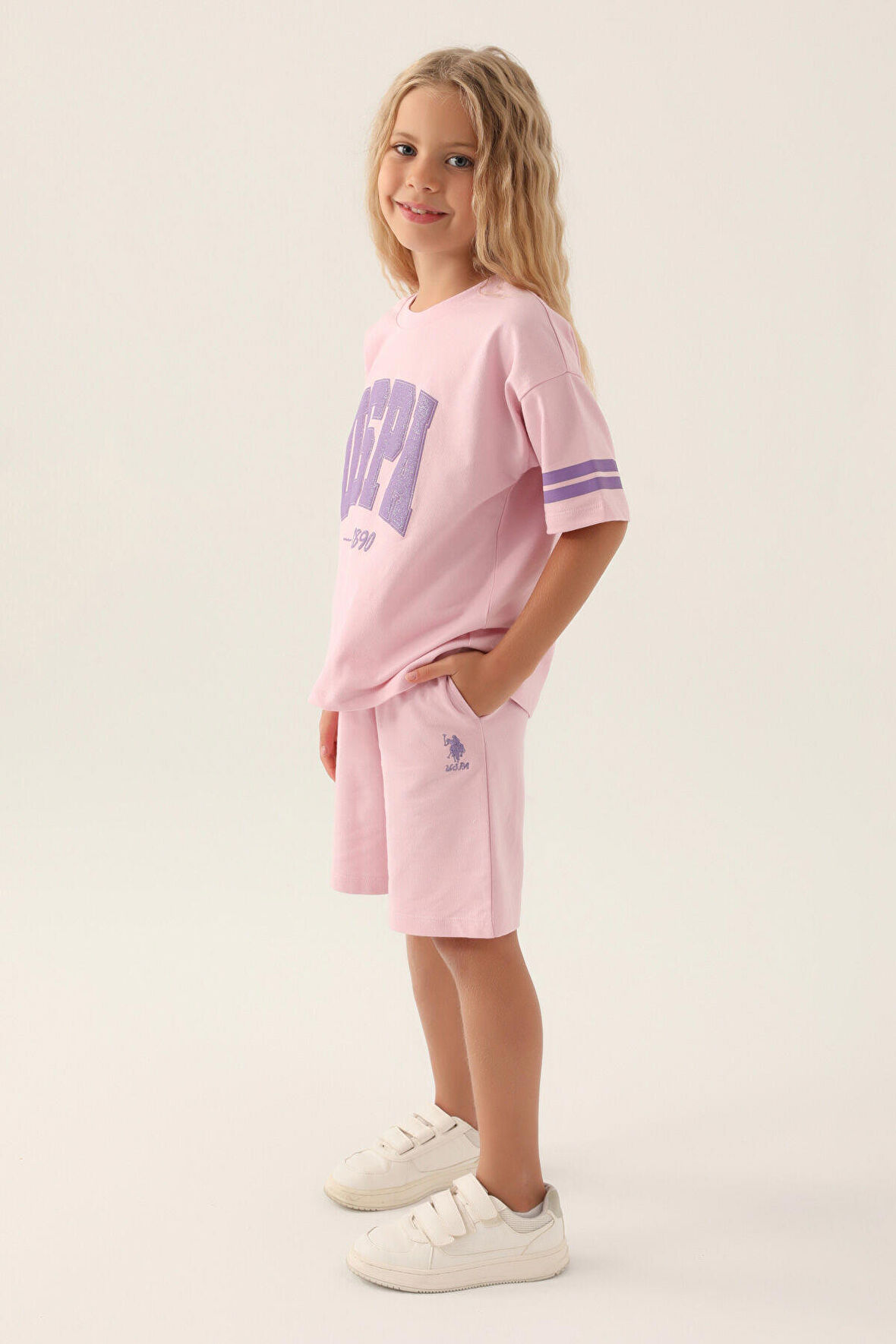 U.S. Polo Assn Lisanslı Sleeve Detail Toz Pembe Kız Çocuk Bermuda Takım