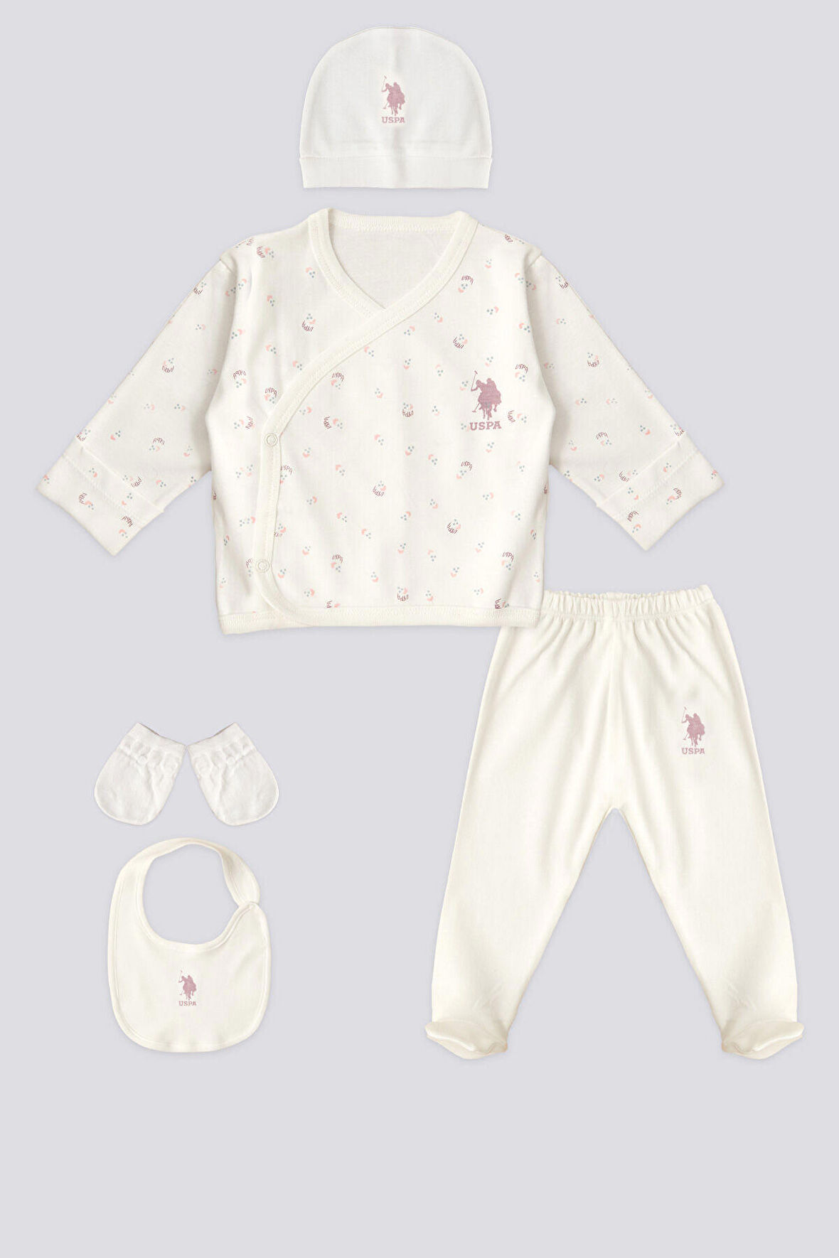 U.S. Polo Assn Lisanslı Heart Krem Kız Bebek Hastane Çıkış Seti 5li