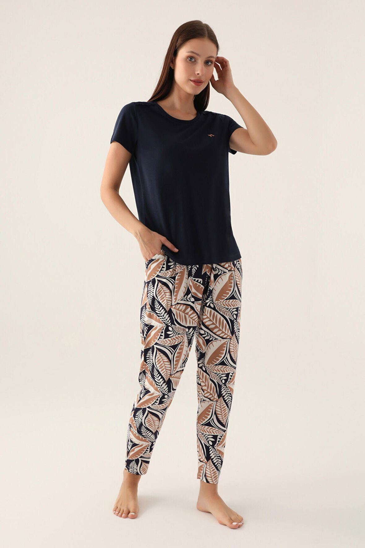 Arnetta Leaf Lacivert Kadın Kısa Kol Pijama Takımı