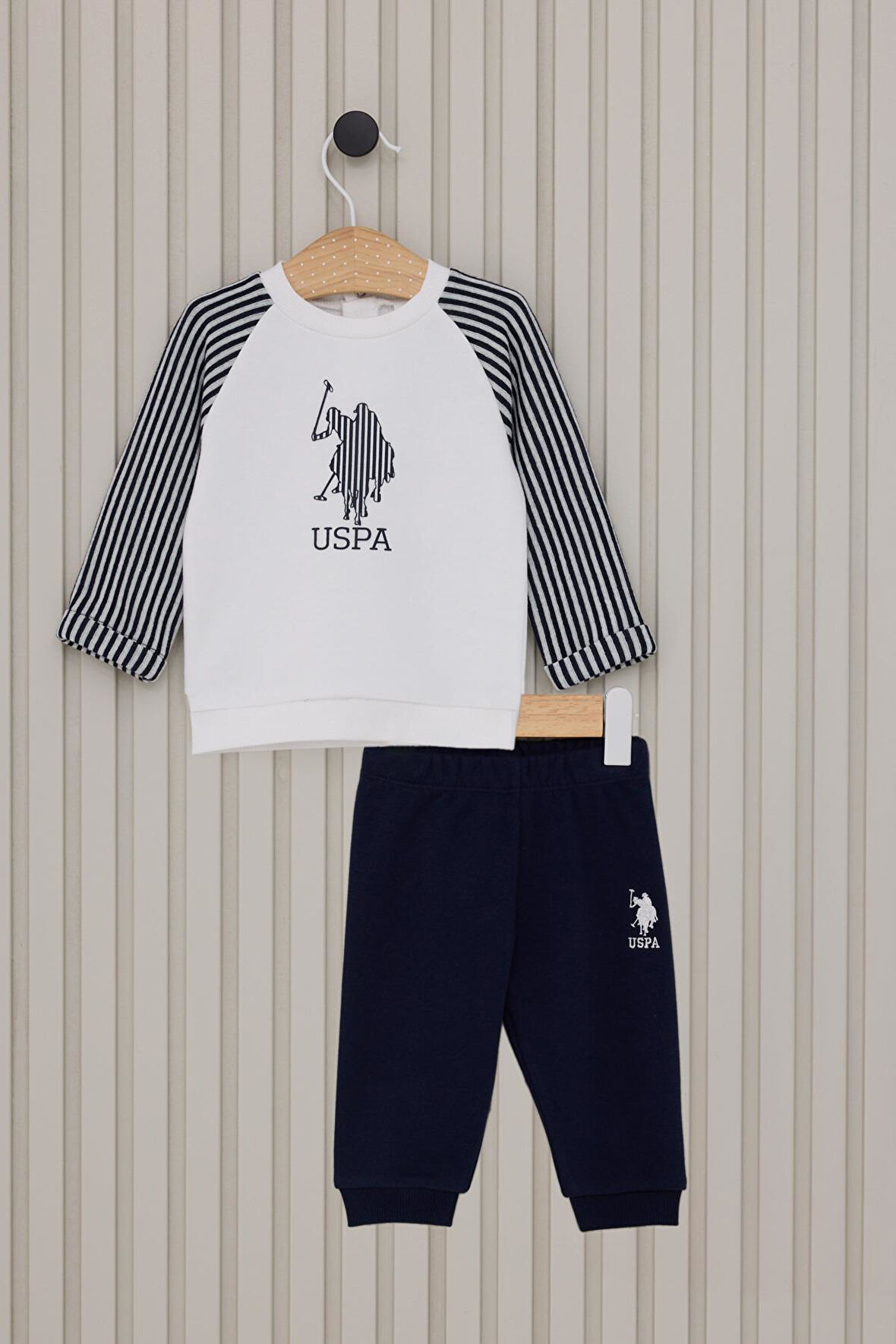 U.S. Polo Assn Krem Kolları Çizgili Bebek İkili Takım