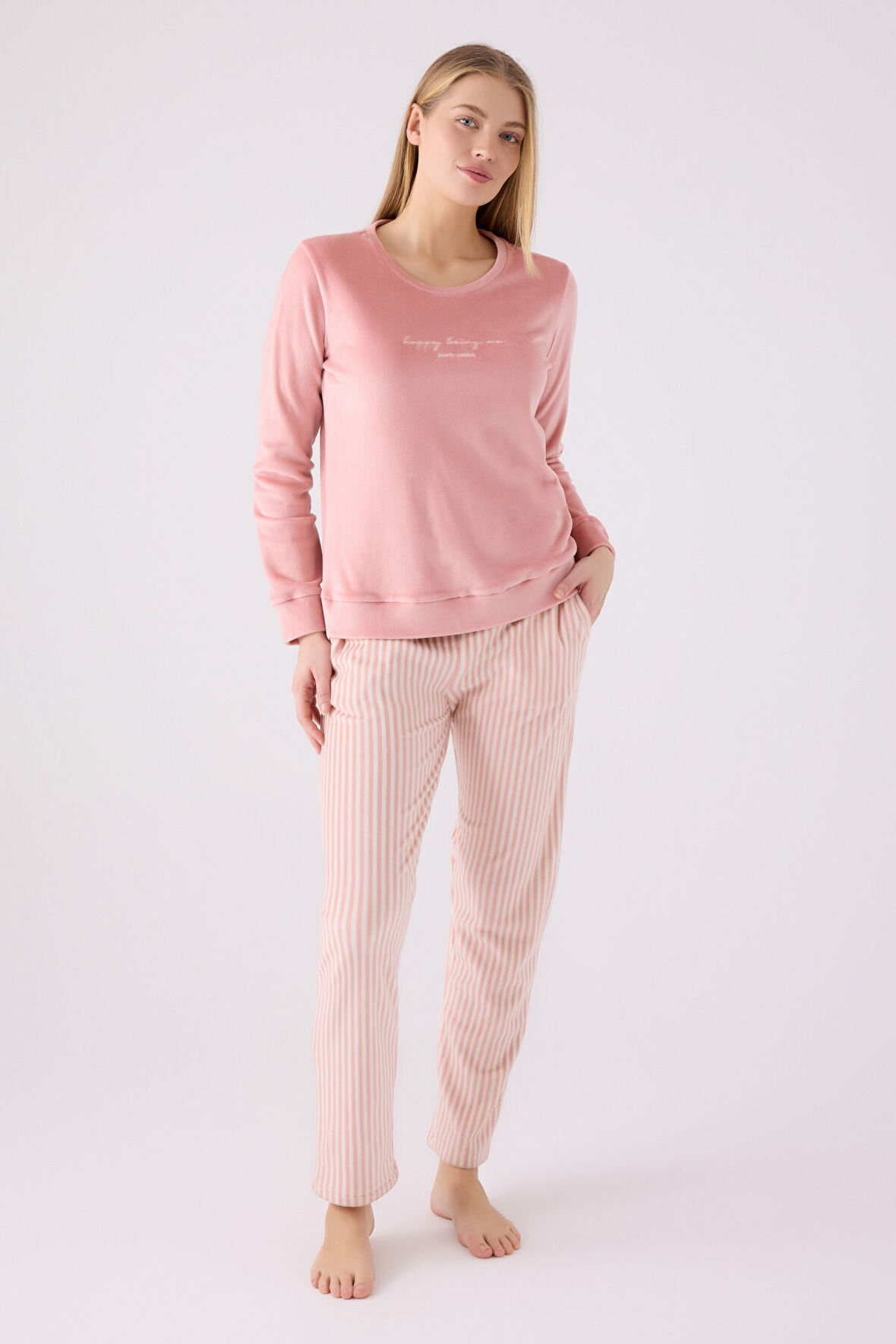 Pıerre Cardın Kadın Uzun Kol Pijama Takım PC8916 Retro Pembe