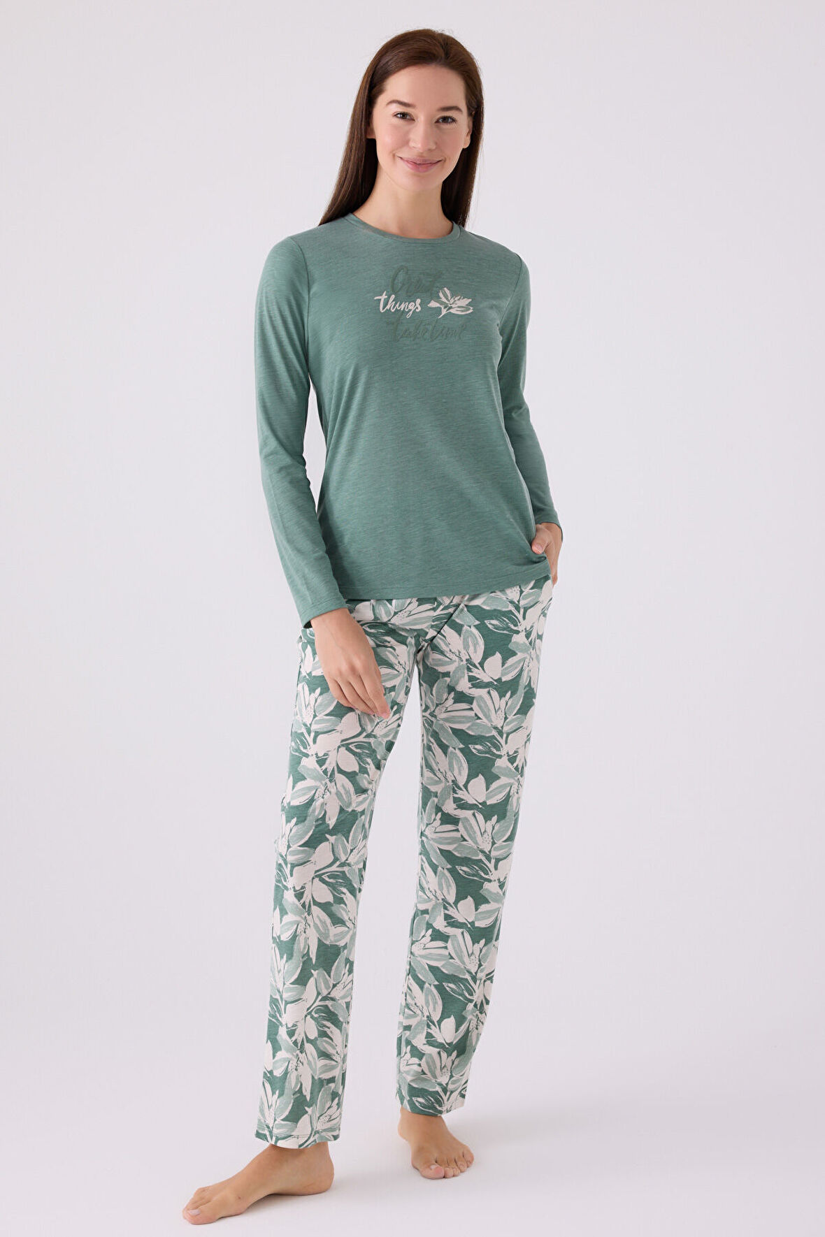 Arnetta Kadın Uzun Kol Pijama Takım AR3115 Yeşil