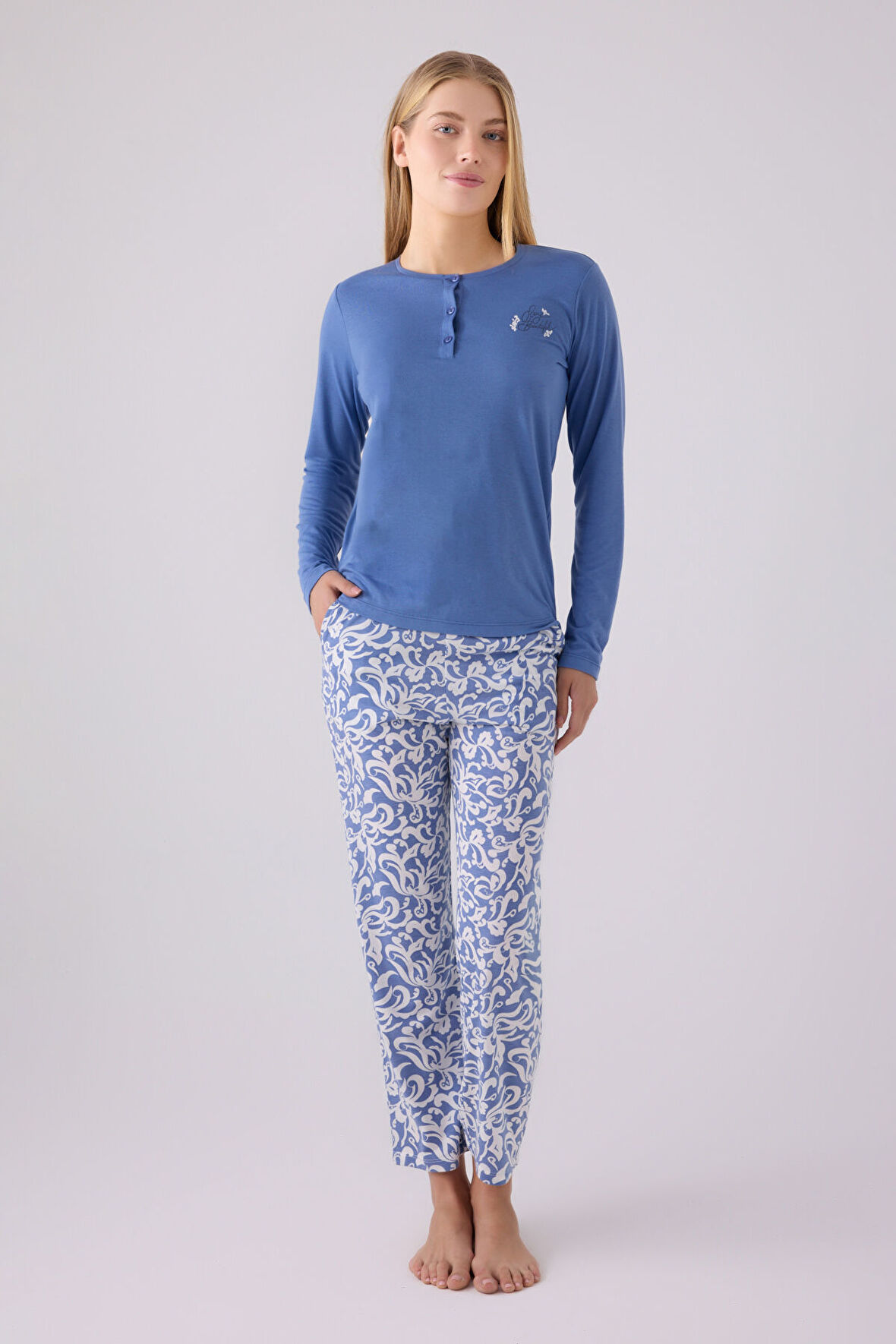 Arnetta Kadın Uzun Kol Pijama Takım AR3069 Mavi