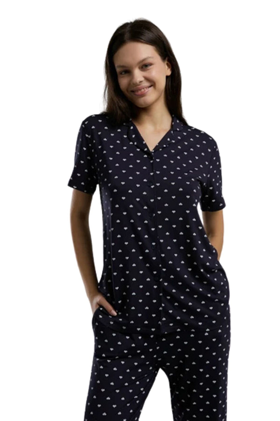 Arnetta Kadın Lacivert Kısa Kol Boydan Düğmeli Pijama Takım 3226 