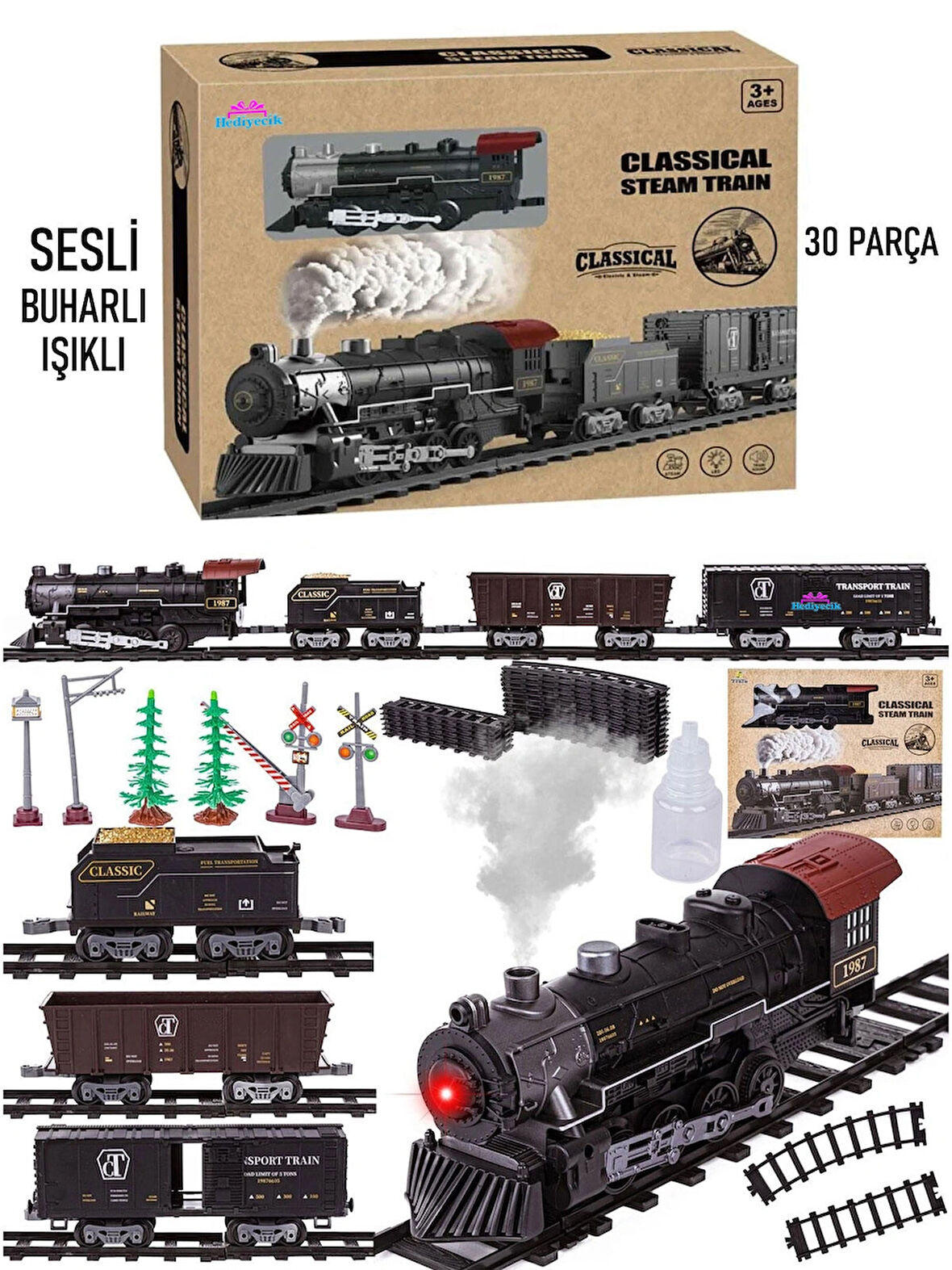Oyuncak Buharlı Işıklı Ve Sesli Tren Seti Aksesuarlı 30 Parça