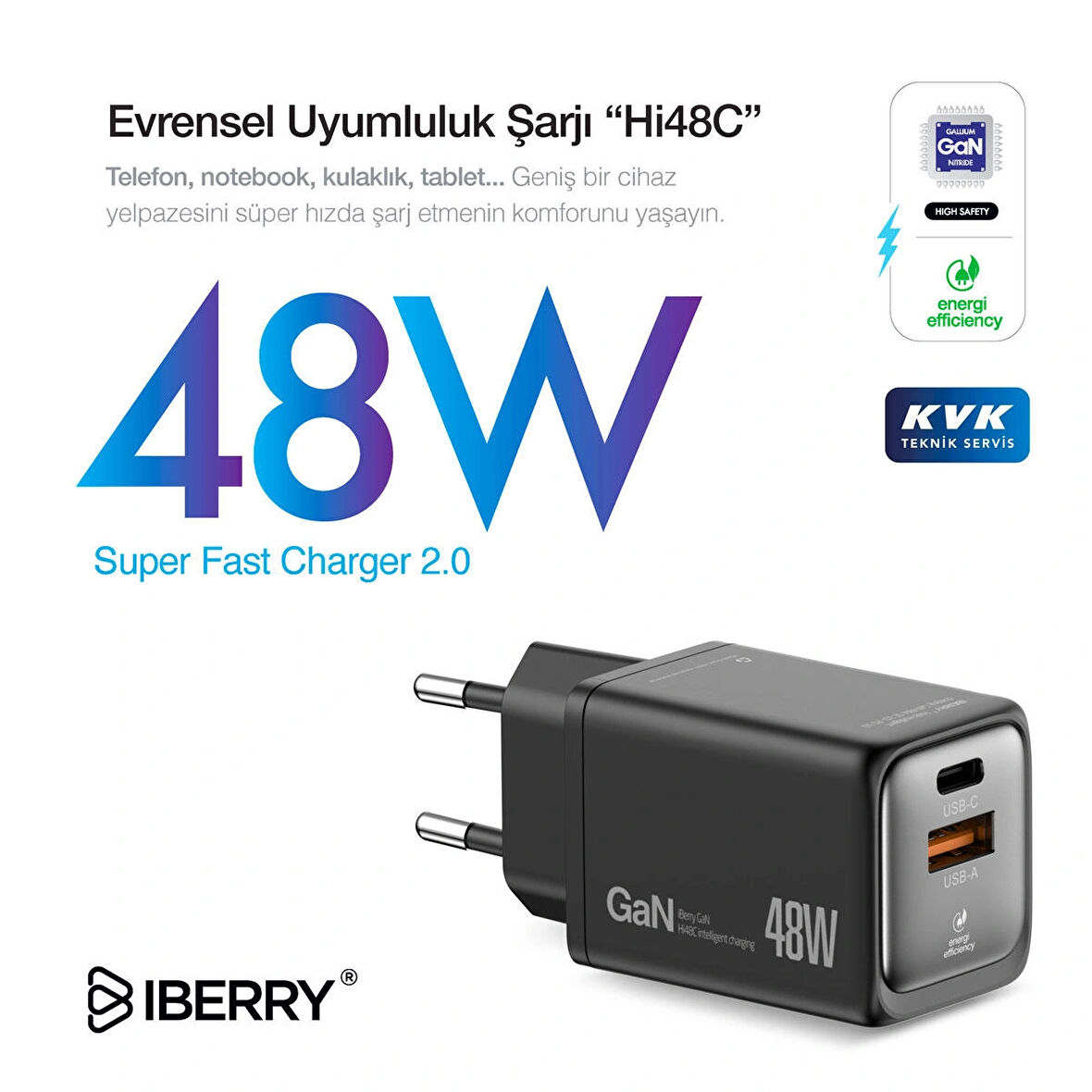 IBERRY Hİ48 COMPACT EFFICIENT & HI TECH GaN 48W SEYAHAT HIZLI ŞARJ ALETİ USB A+ USB C