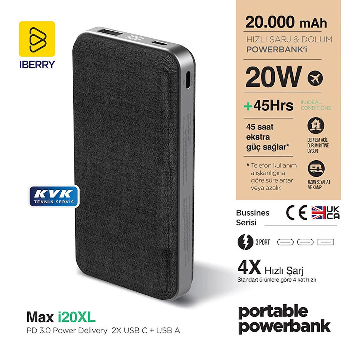 IBERRY İ20XL 20.000 mAh PD 20W TAŞINABİLİR ŞARJ ALETİ POWERBANK