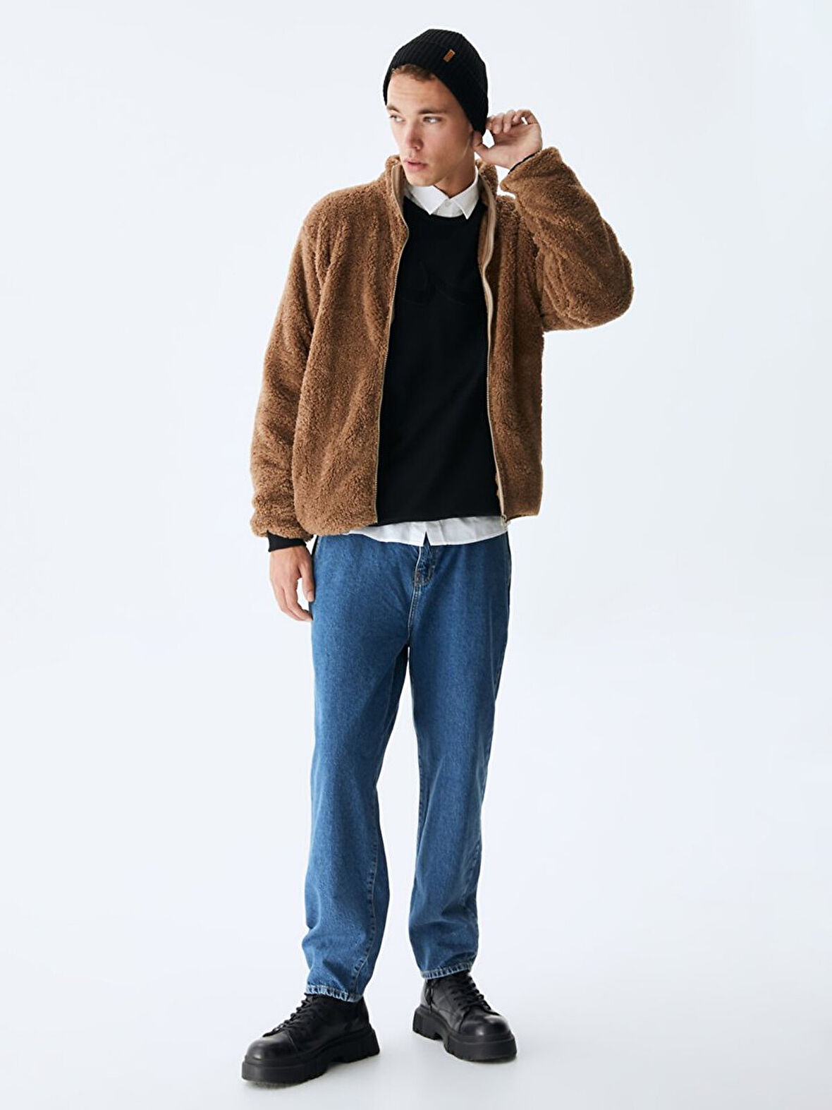 Düz Dik Yaka Fermuarlı Regular Fit Kahve Rengi Sweatshırt