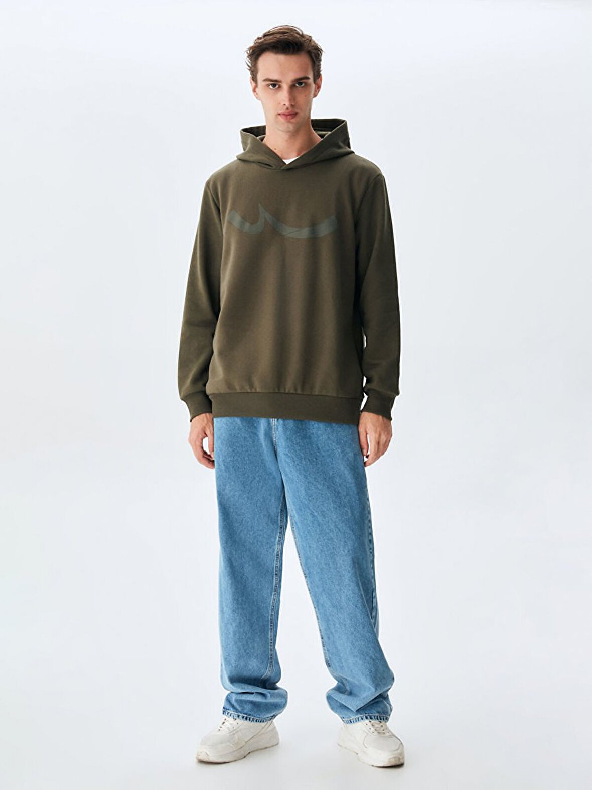 Sıgnlı Kapüşonlu Fermuarsız Regular Fit Yeşil Sweatshırt