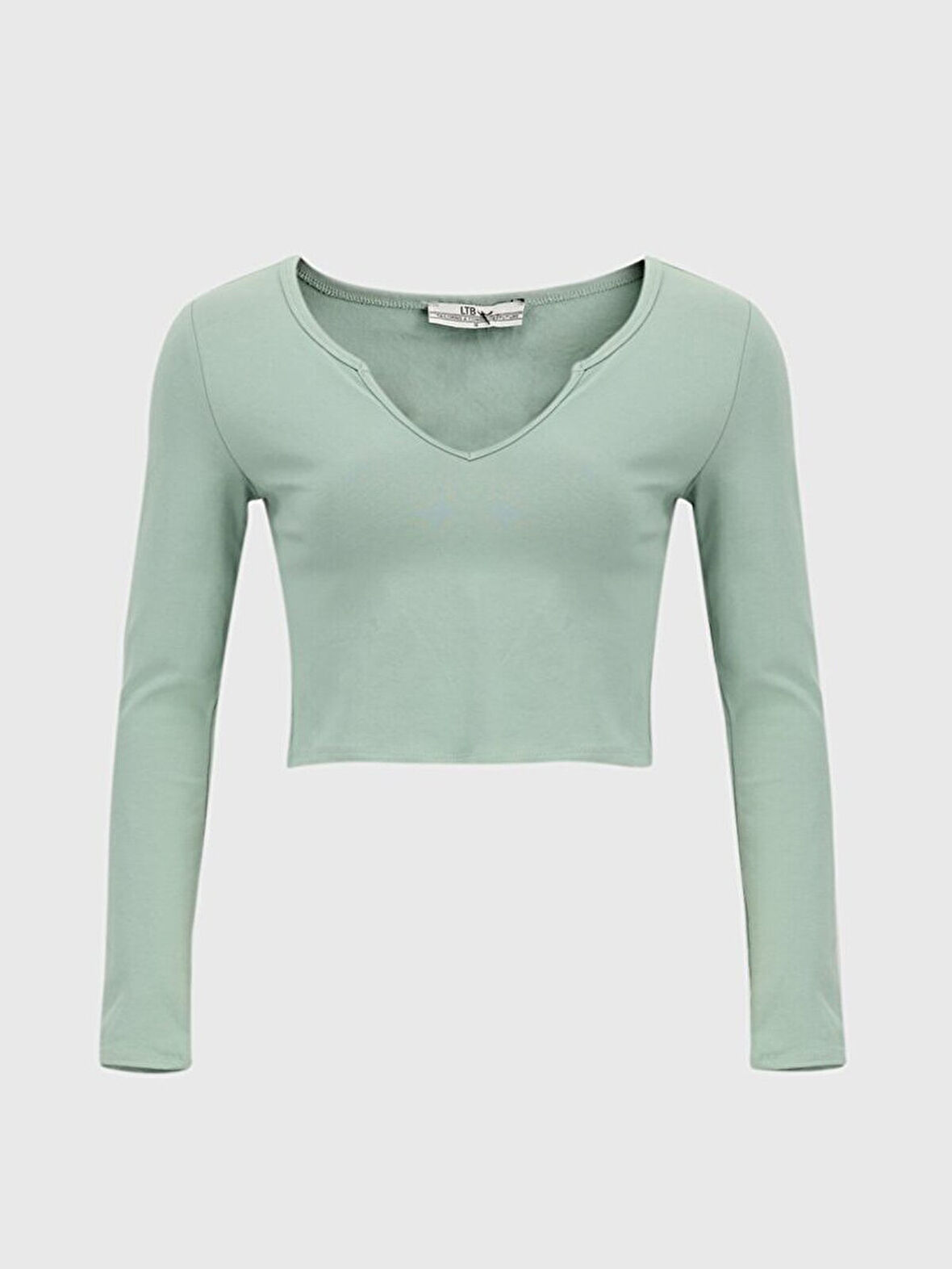 V Yaka Uzun Kollu Crop Yeşil Sweatshırt