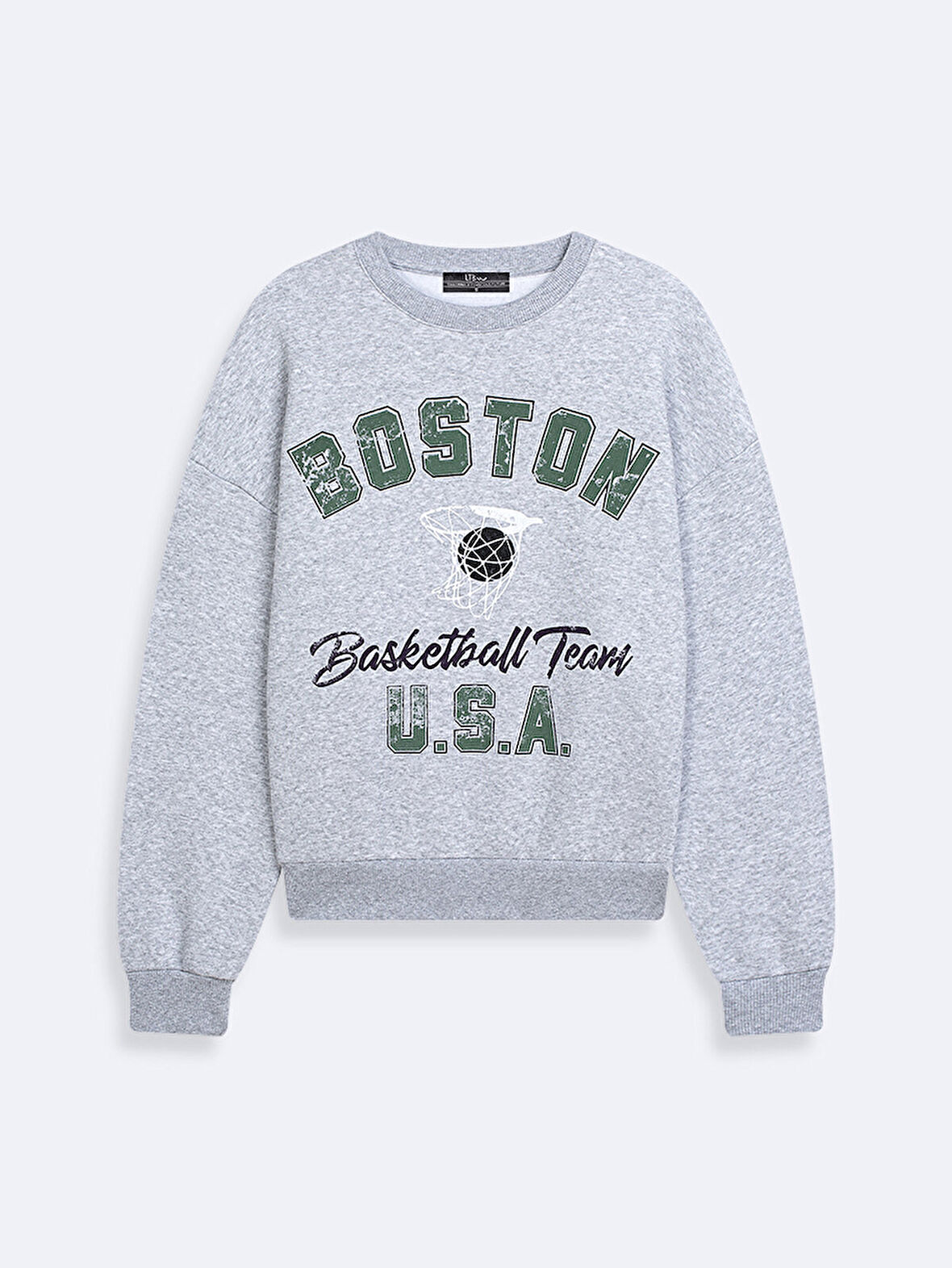 Boston Baskılı Sıfır Yaka Uzun Kollu Gri Sweatshırt