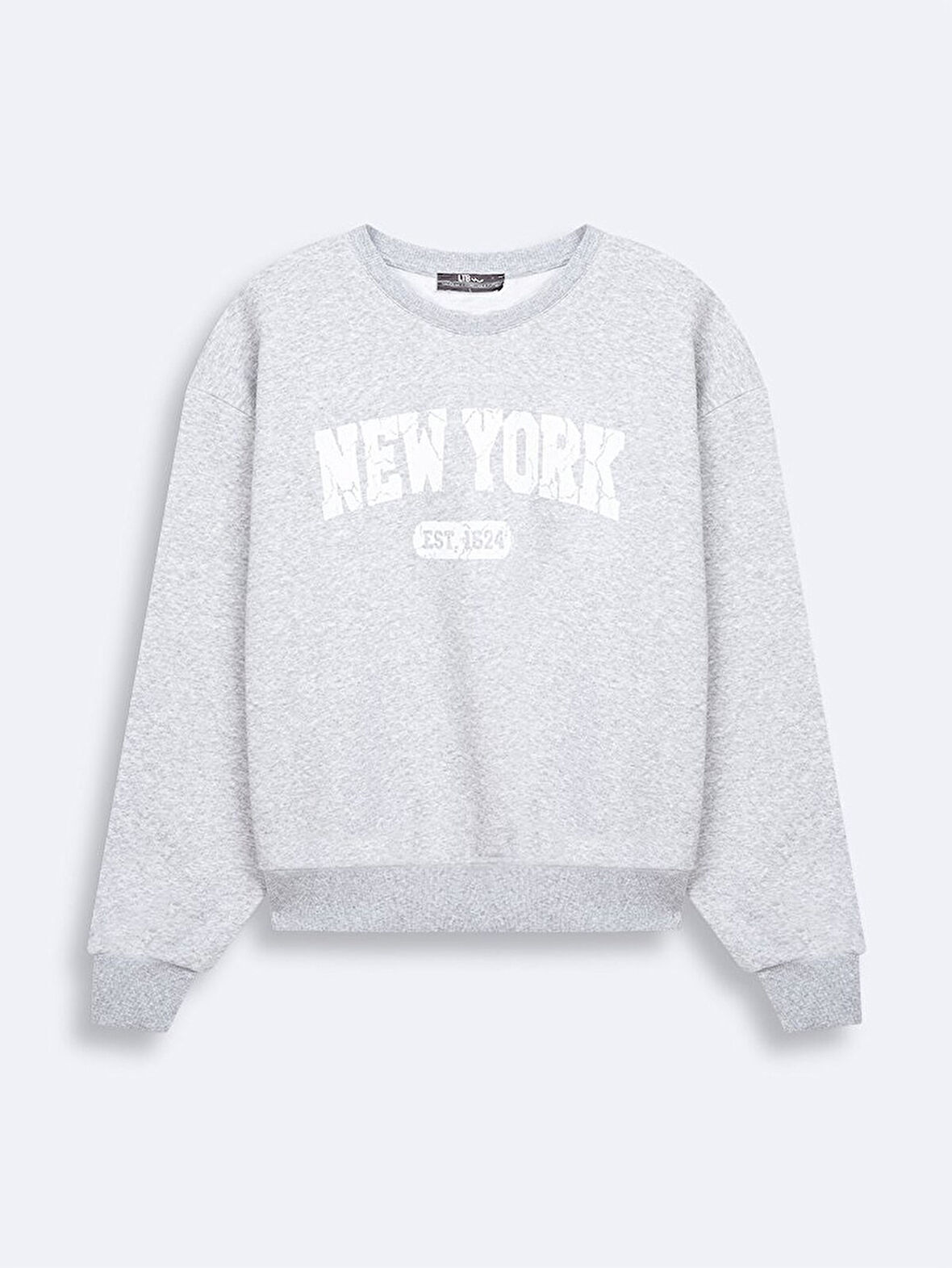 New York Baskılı Sıfır Yaka Uzun Kollu Gri Sweatshırt