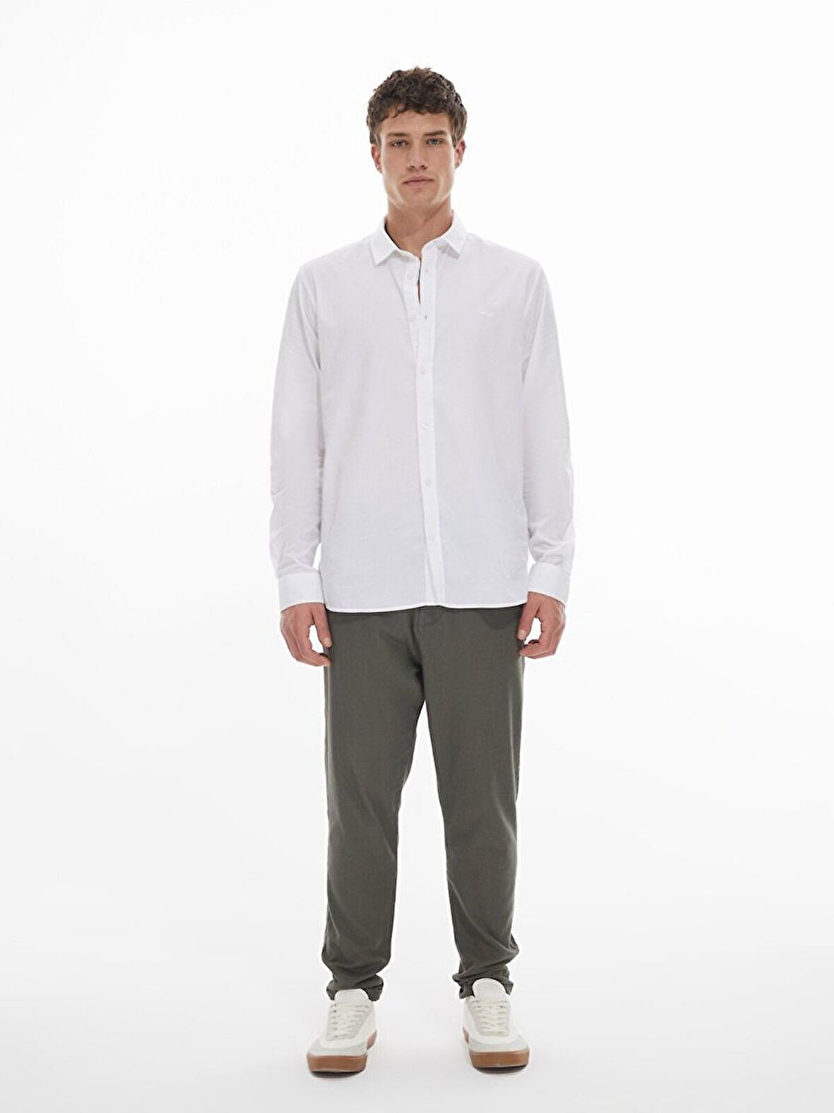 Keten Görünümlü Düz Paça Yeşil Pantolon