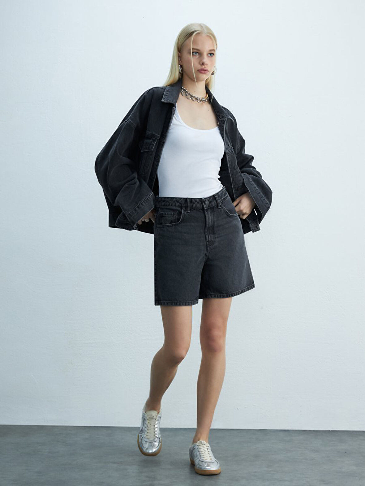 Celıa L Oversize Gömlek Yaka Koyu Gri Jean Ceket