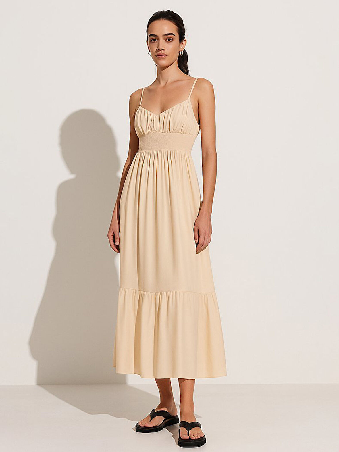 İnce Askılı Basic Uzun Bej Elbise