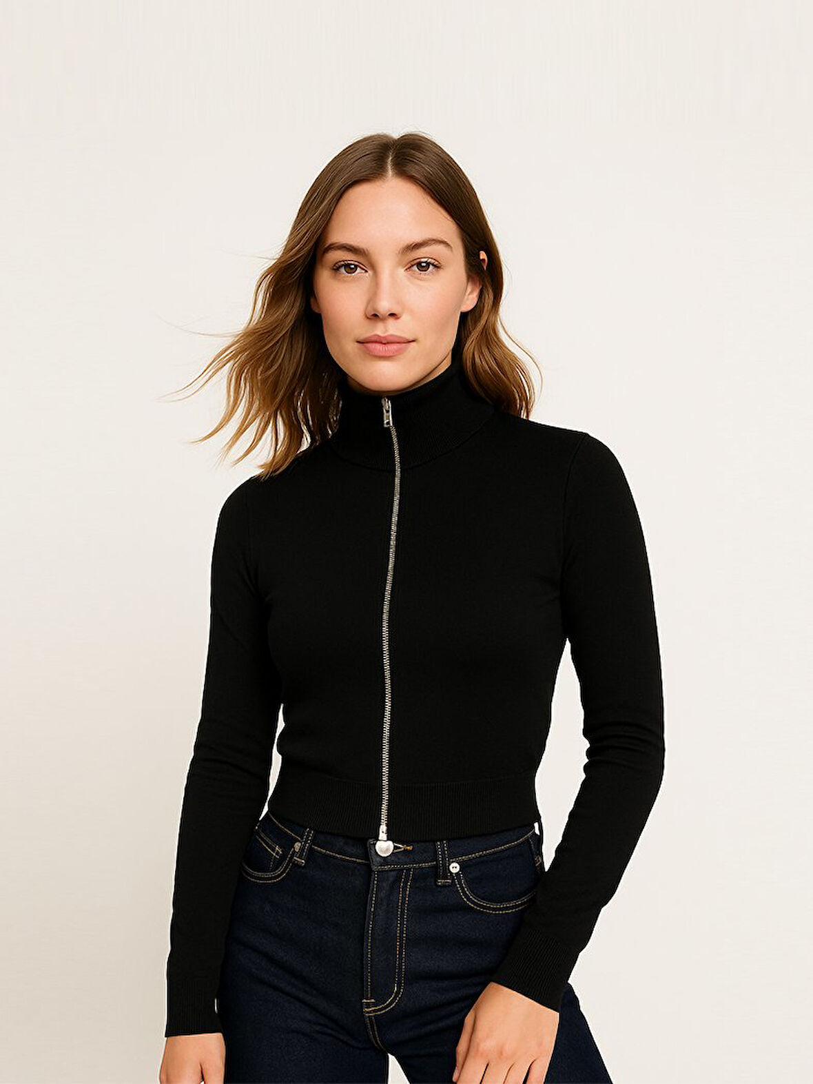 Uzun Kollu Önü Fermuarlı Basic Siyah Hırka