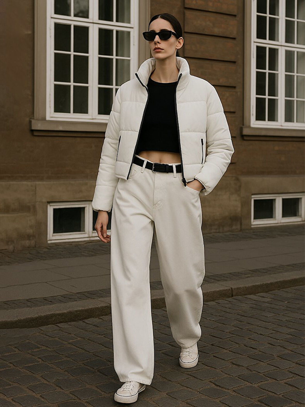 Şişme Önü Fermuarlı Kısa Beyaz Mont