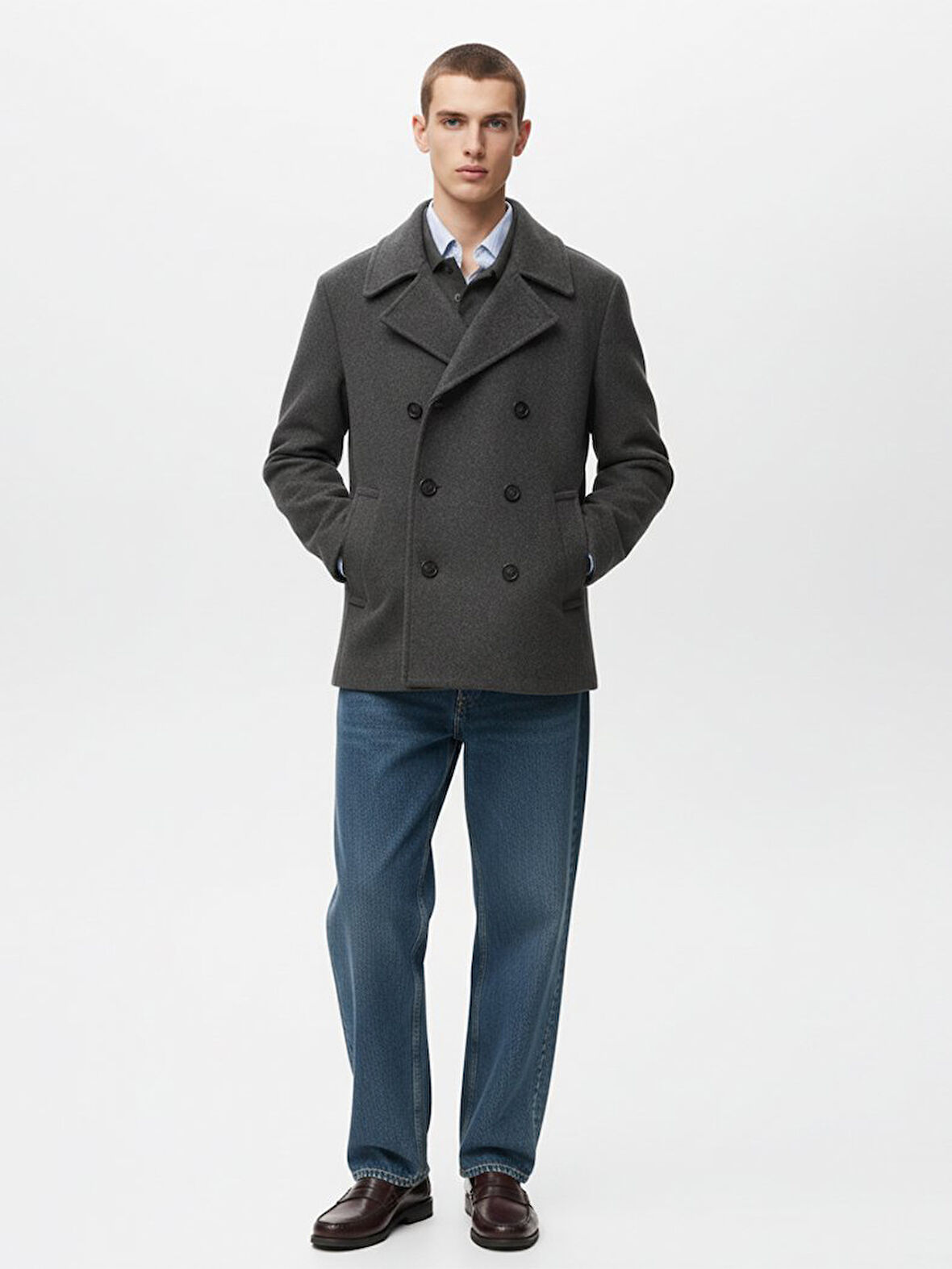 Uzun Kollu Çift Düğmeli Kaşe Antrasit Mont